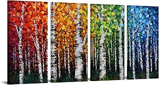iKNOW FOTO 4pcs Large 4 Seasons Canvas Birch Tree Wall Art Modern Branches Oil Painting Falls Leaves Picture Landscape Prints for Living Room Bedroom Home Office Decor Each Panel 16x32inch