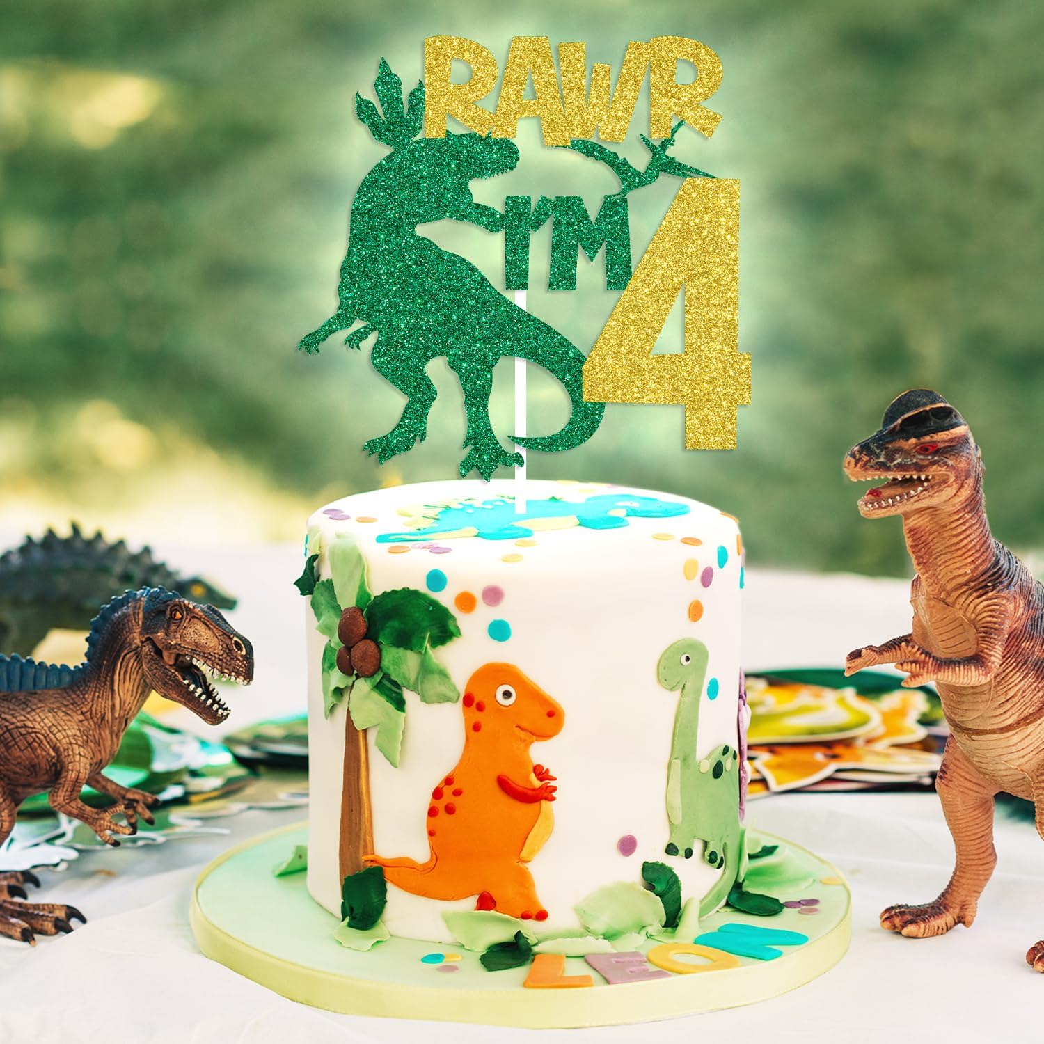 Rawr I’m 4 Cake Topper, Happy 4th Birthday Cake Decor for Boys, Four Rex, Dinosaur Jungle Safari Theme 4th Birthday Party Decorations Supplies Green Glitter - Image 2