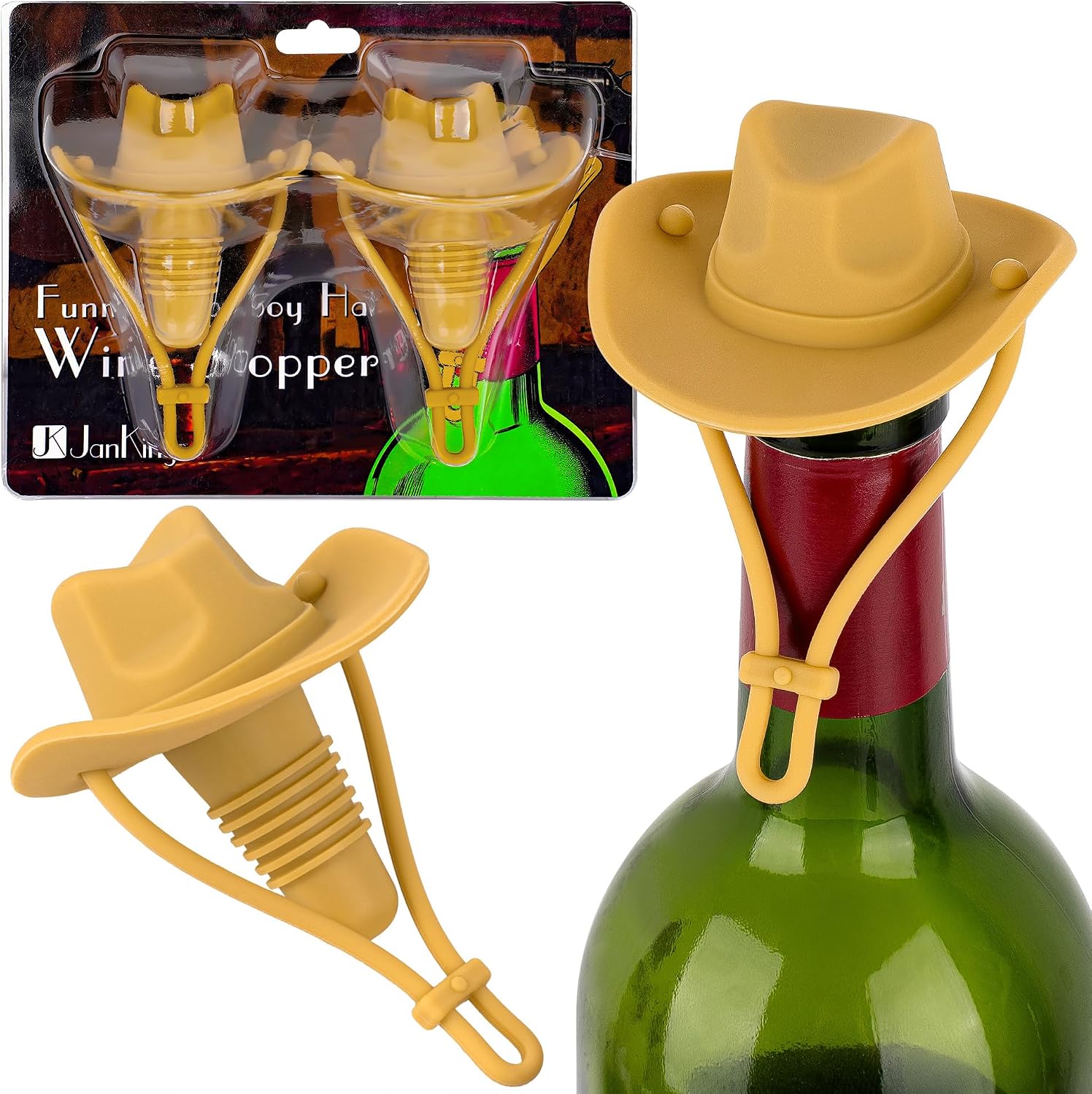Cowboy Hat Wine Stoppers, 2 Pack Silicone Wine Bottle Stopper with Strap