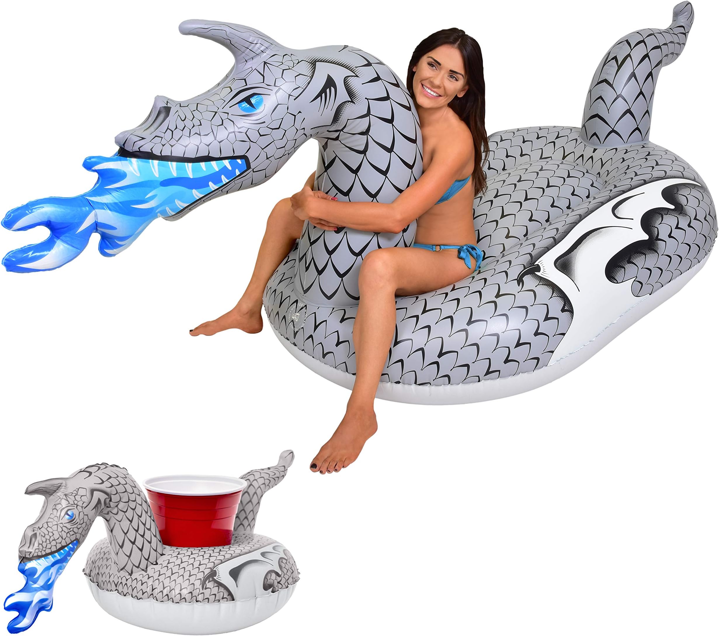 Giant Inflatable Pool Floats - Choose Unicorn, Dragon, Flamingo, Swan, or Bull - Includes Drink Float