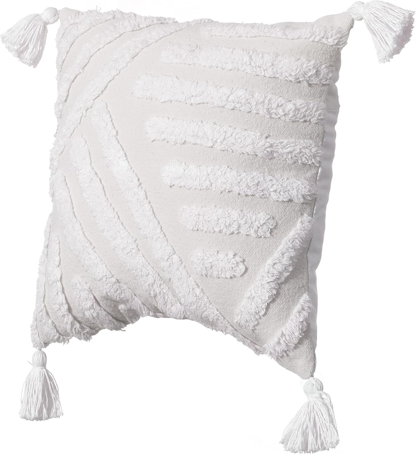 Deerlux 16" Handwoven Cotton Throw Pillow Cover with White Tufted Line Pattern and Tassel Corners, White
