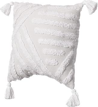 16" Handwoven Cotton Throw Pillow Cover with White Tufted Line Pattern and Tassel Corners, White