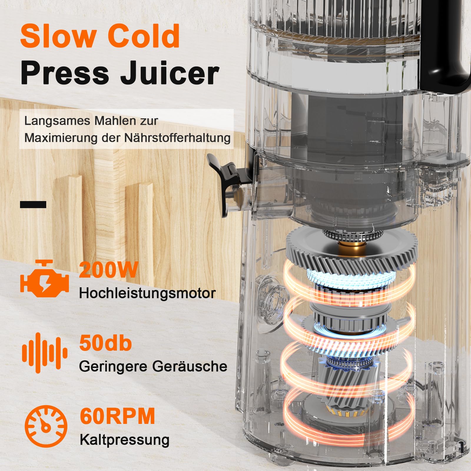 AHJ Entsafter Slow Juicer, 135mm Große Einfüllöffnung,100% BPA-frei, Kaltentsafter für Ganzes Obst & Gemüse, Einfach zu Reinigen,2 Trinkgläser Inklusive, Ideal als Hochzeits- und Geburtstagsgeschenk