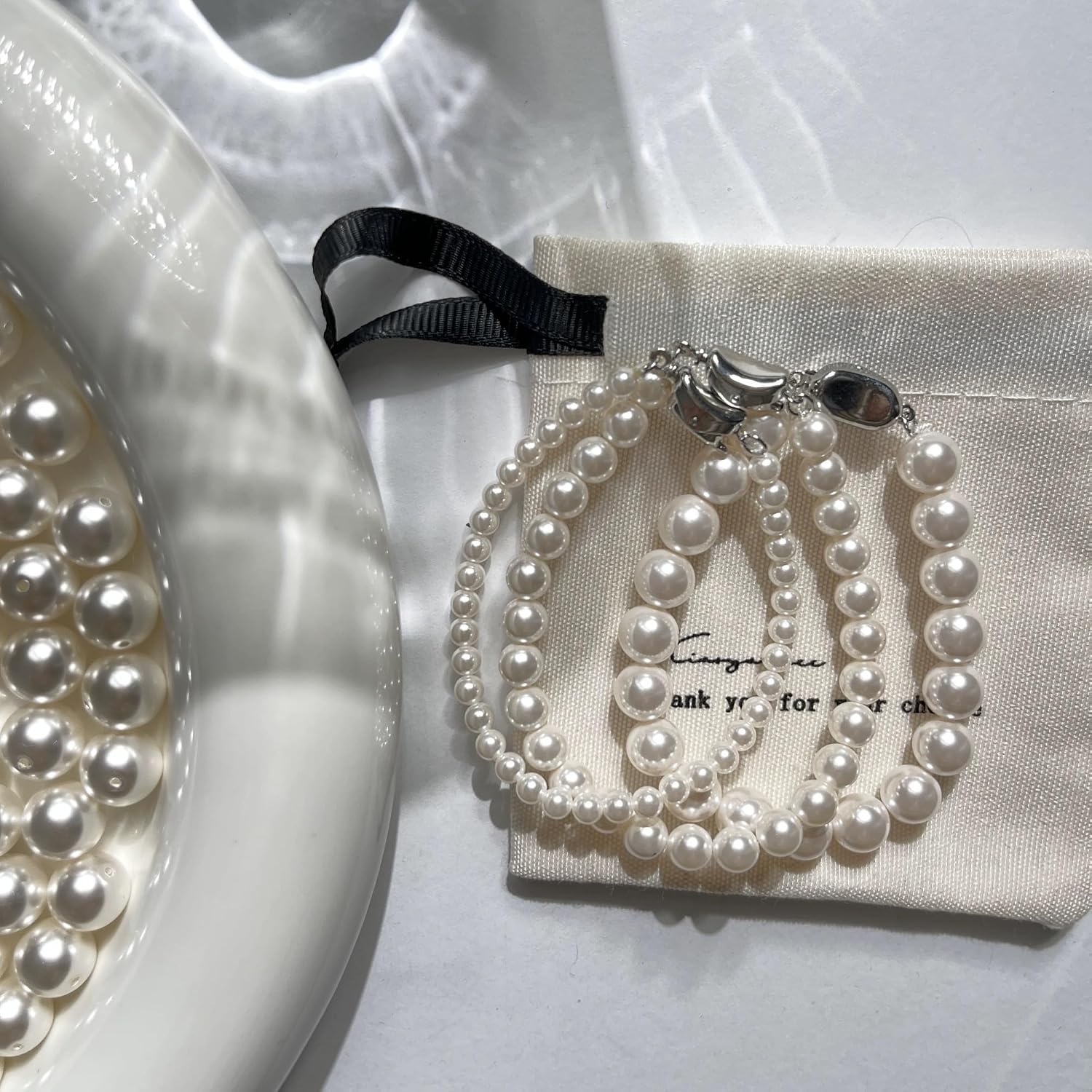 SukAmi White Pearl Jewelry Set Women S925 Silver Pearl Earrings Pearls Necklace Set 42cm Pearl Bracele 19cm