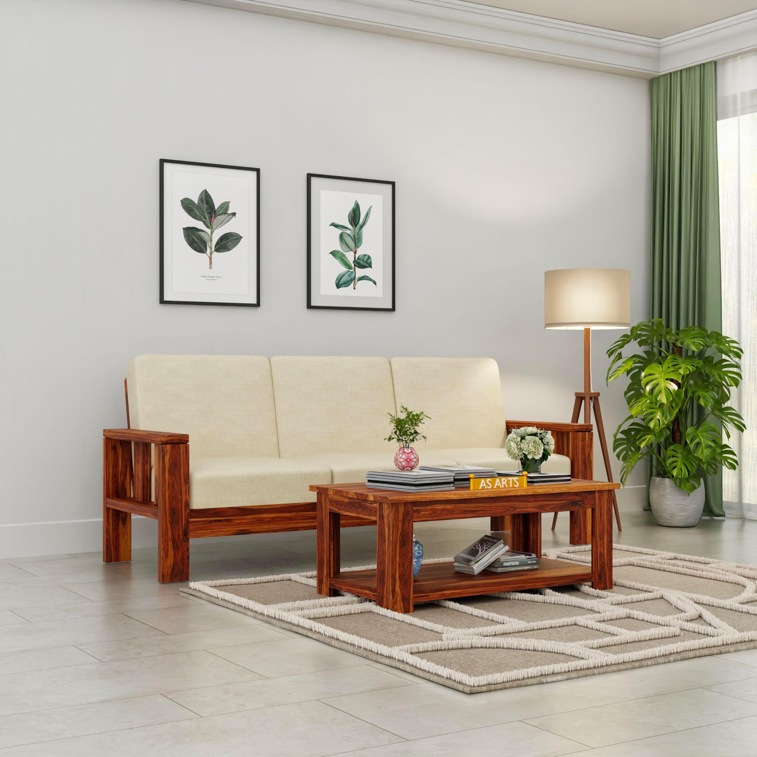 3 Seater Sofa Set with Center Table for Living Room | Solid Sheesham Wood Sofa 3 Seater fir Hall & Office Furniture | (Honey Finish)