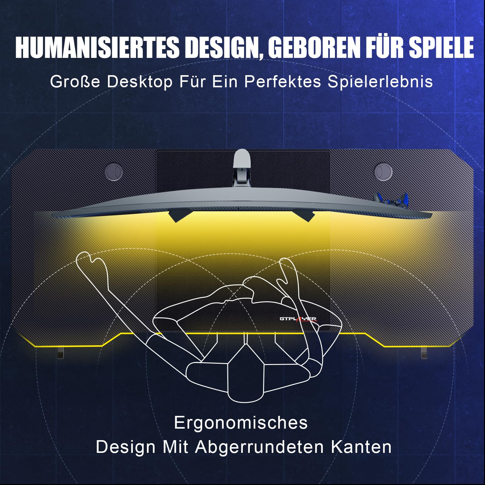 GTPLAYER Gaming Tisch, Gaming Schreibtisch 120 x 60cm, PC Tisch Gamer Tisch mit Kohlefaseroberfläche, Stabiler Computertisch mit Kopfhörerhaken