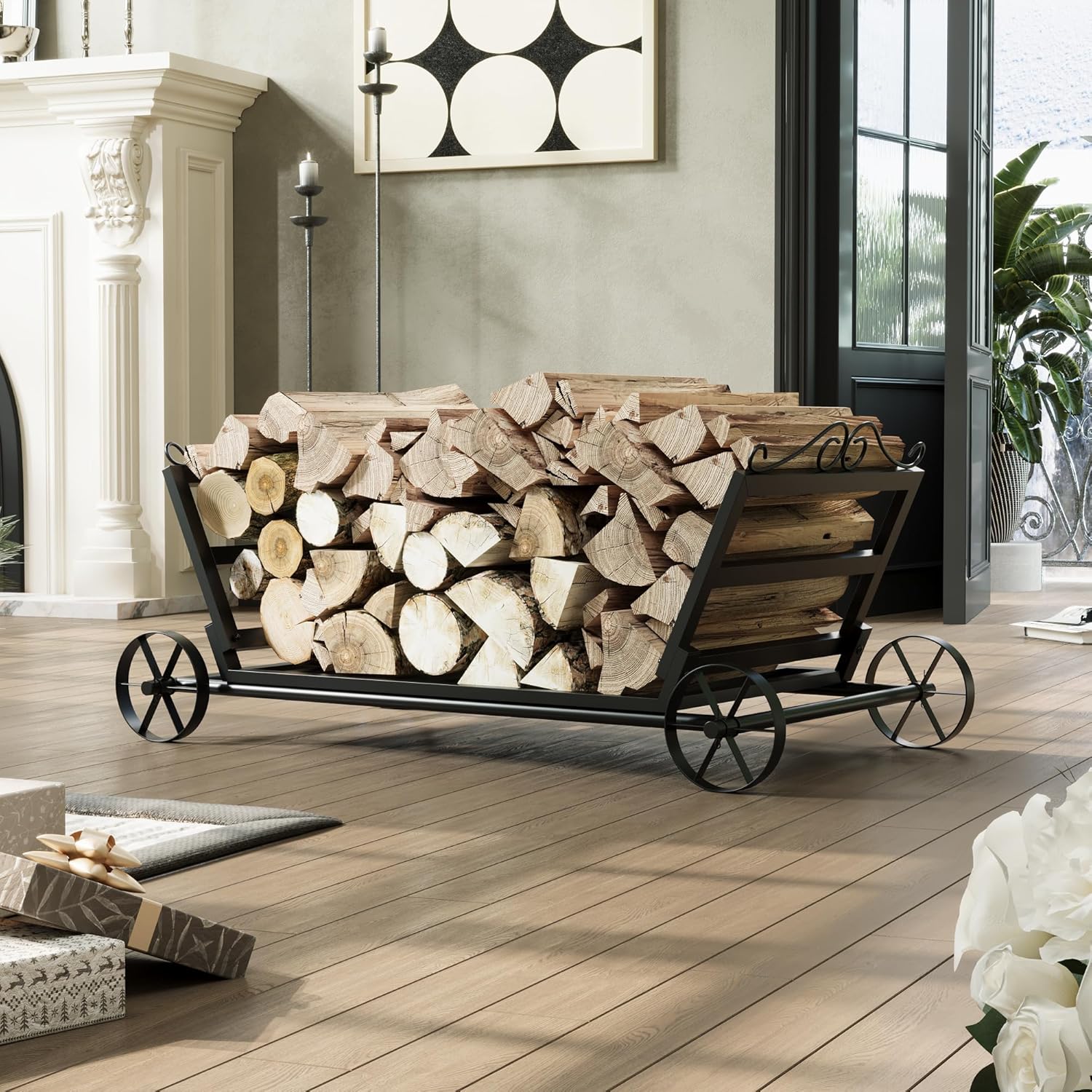 Lovinouse Firewood Rack Outdoor Indoor with Wheels, Heavy Duty Metal Firewood Carrier, Stable Fire Wood Rack for Outdoor Storage, Large Fire Wood Storage Log Holder for Fireplace Patio,Firepit, Black