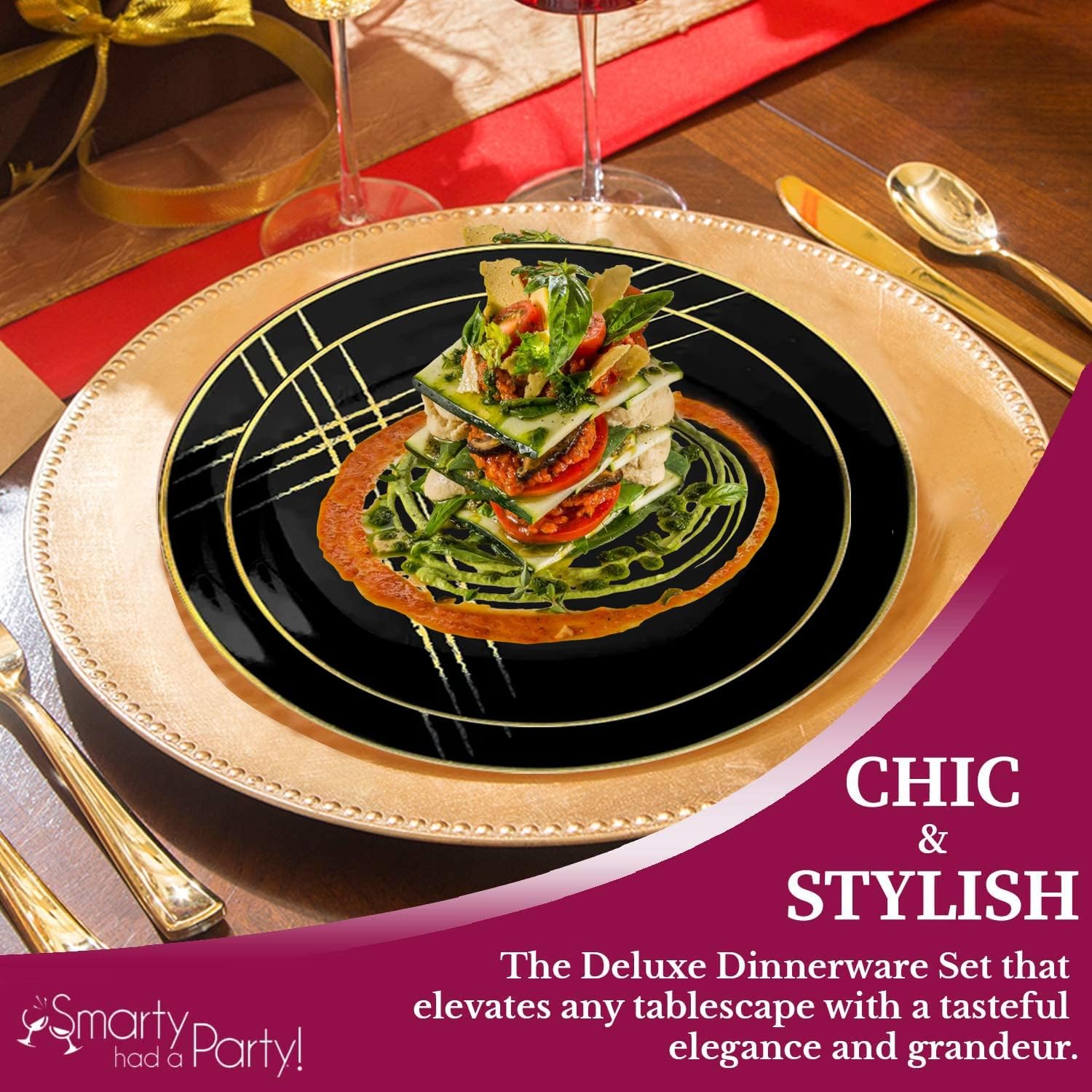 Smarty Had A Party Plastic Plates, Disposable Marble Dinnerware Set, Dinner & Salad Dishes Bulk Order for Wedding and Other Occasions (Black with Gold, 7.5" Salad Plates (120 Plates))