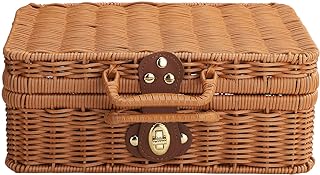 Imitation Vine Picnic Basket,Retro Plastic Imitation Rattan Suitcase, Rattan Suitcase Box with Leather Strap Lock,Picnic Basket Storage Box for Picnic Outside Party Wedding(L)