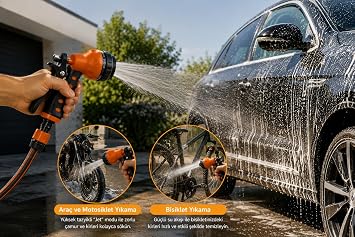 8 Fonksiyonlu Sulama Tabancası Seti – Bahçe Sulama ve Araç Yıkama İçin Hortum Başlığı, 3 Bağlantı Aparatı Dahil, Ergonomik Tetikli