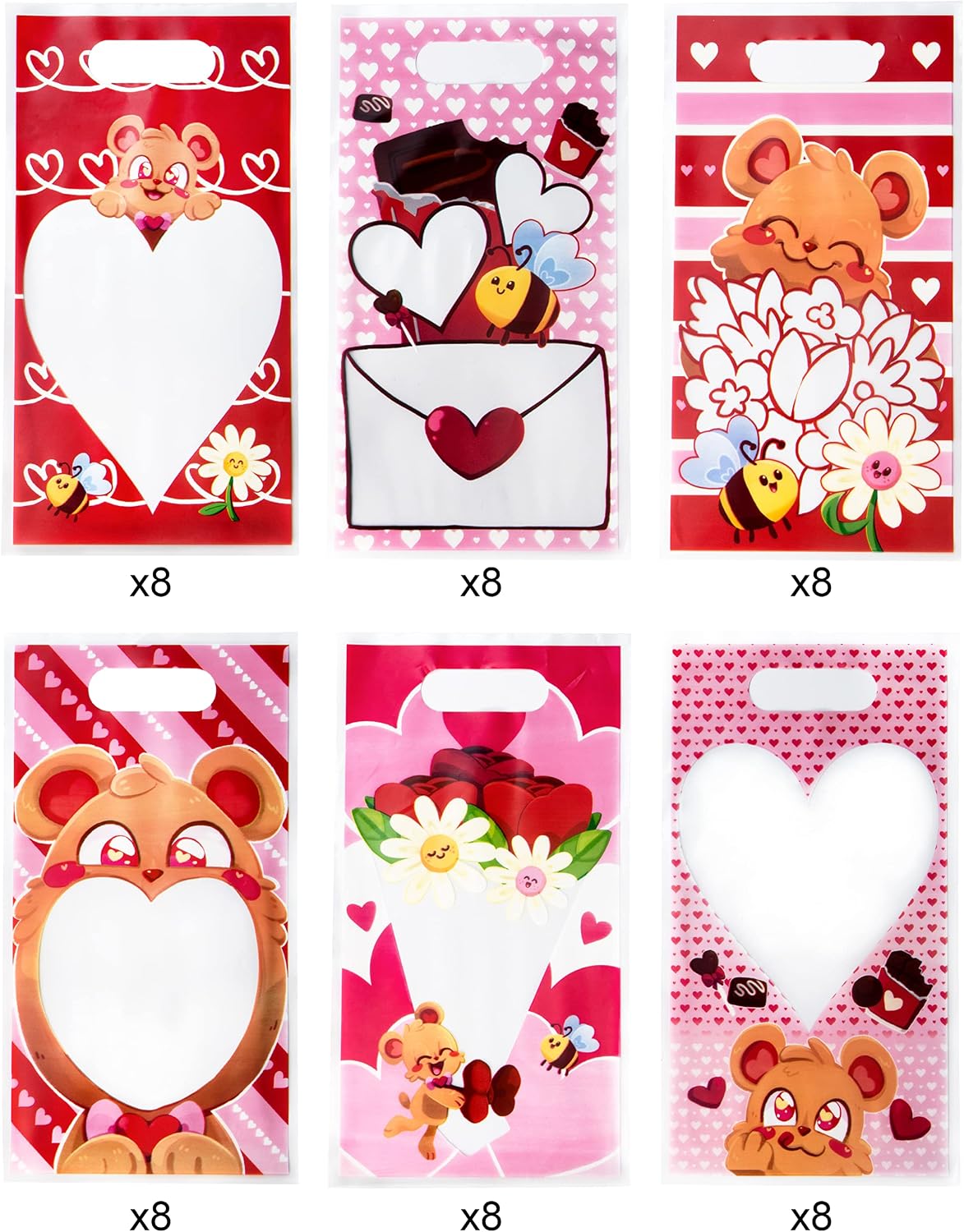 JOYIN 48 Pcs Valentine’s Day Gift Bag, Plastic Treat Bags, Cellophane Candy Bags in 6 Designs with Heart Shaped Window for Valentine Party Favor, Kids Valentine Party Favor, Classroom Gift Exchange