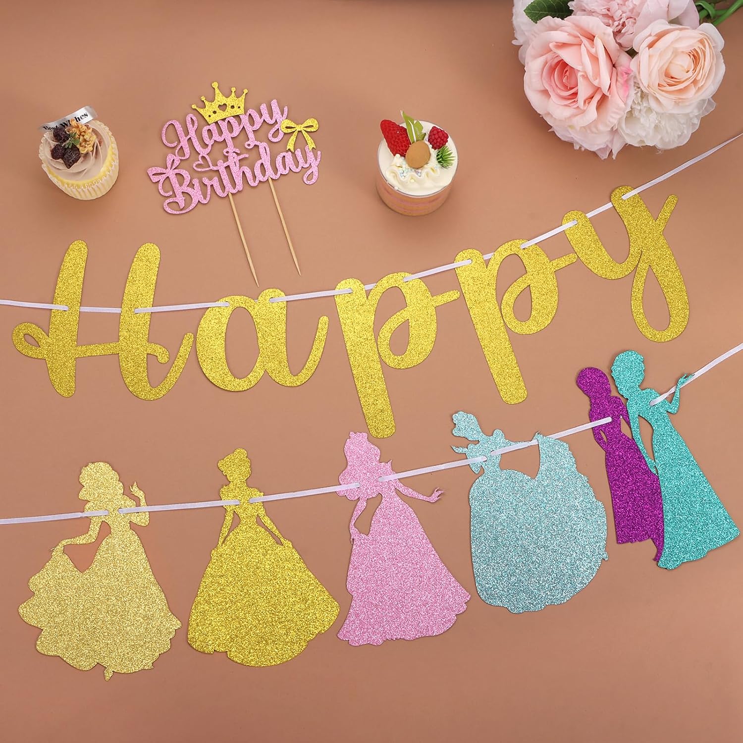 Princess Birthday Banner and Cake Decorations, Glitter Gold Happy Birthday Garland for Girls Princess Birthday Decorations, Coquette Princess Theme Party Supplies with Cake Topper image 5