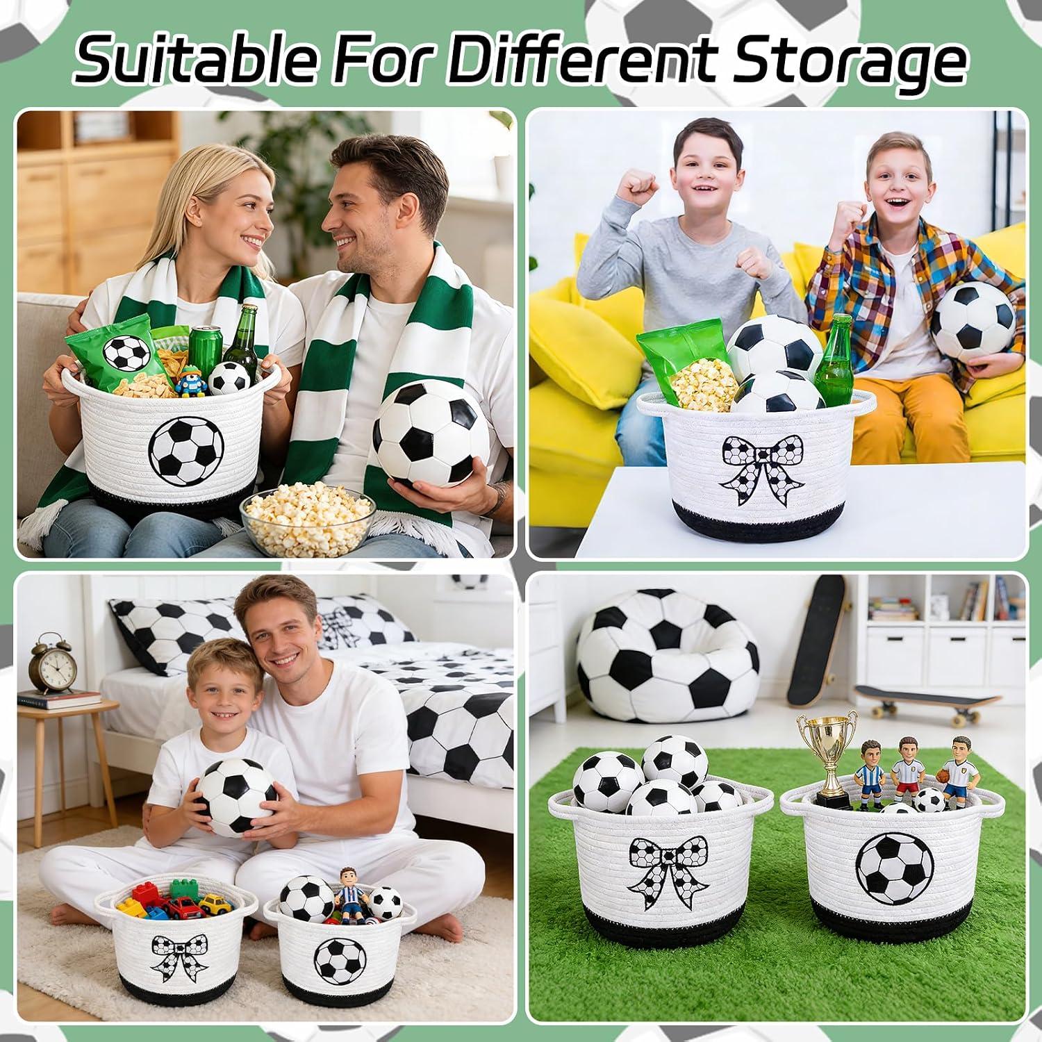 Soccer Woven Basket- Small Cotton Rope Gift Basket with Embroidered Football, Empty Oval Nursery Storage Decorative Bin with Handles, Baby Shower Organizer Storage Soccer Holder,9"D x 7"H in