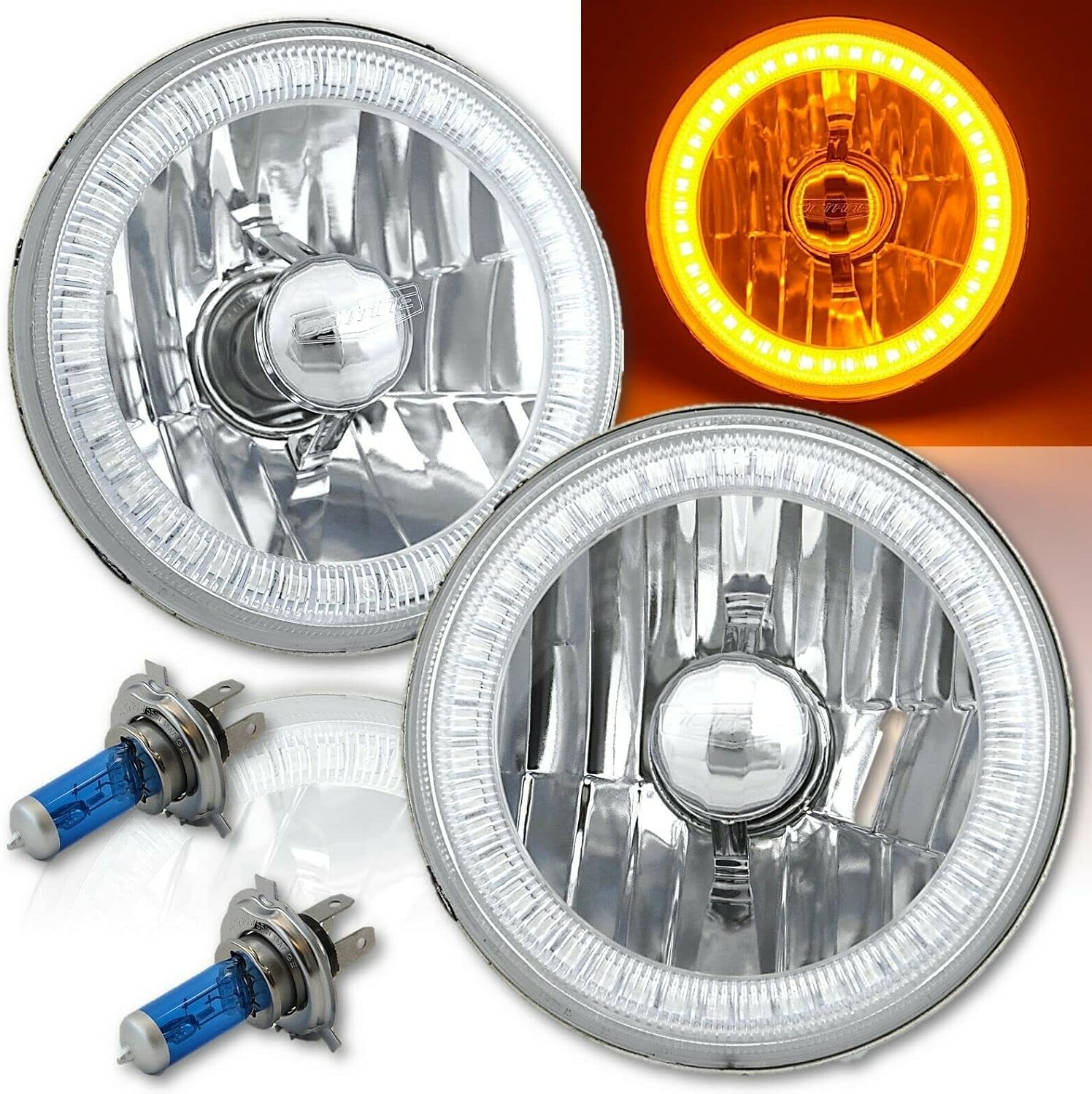 Octane Lighting 5 3/4 Inch SMD Amber LED Halo Halogen Bulb Headlight Angel Eye Crystal Clear Pair