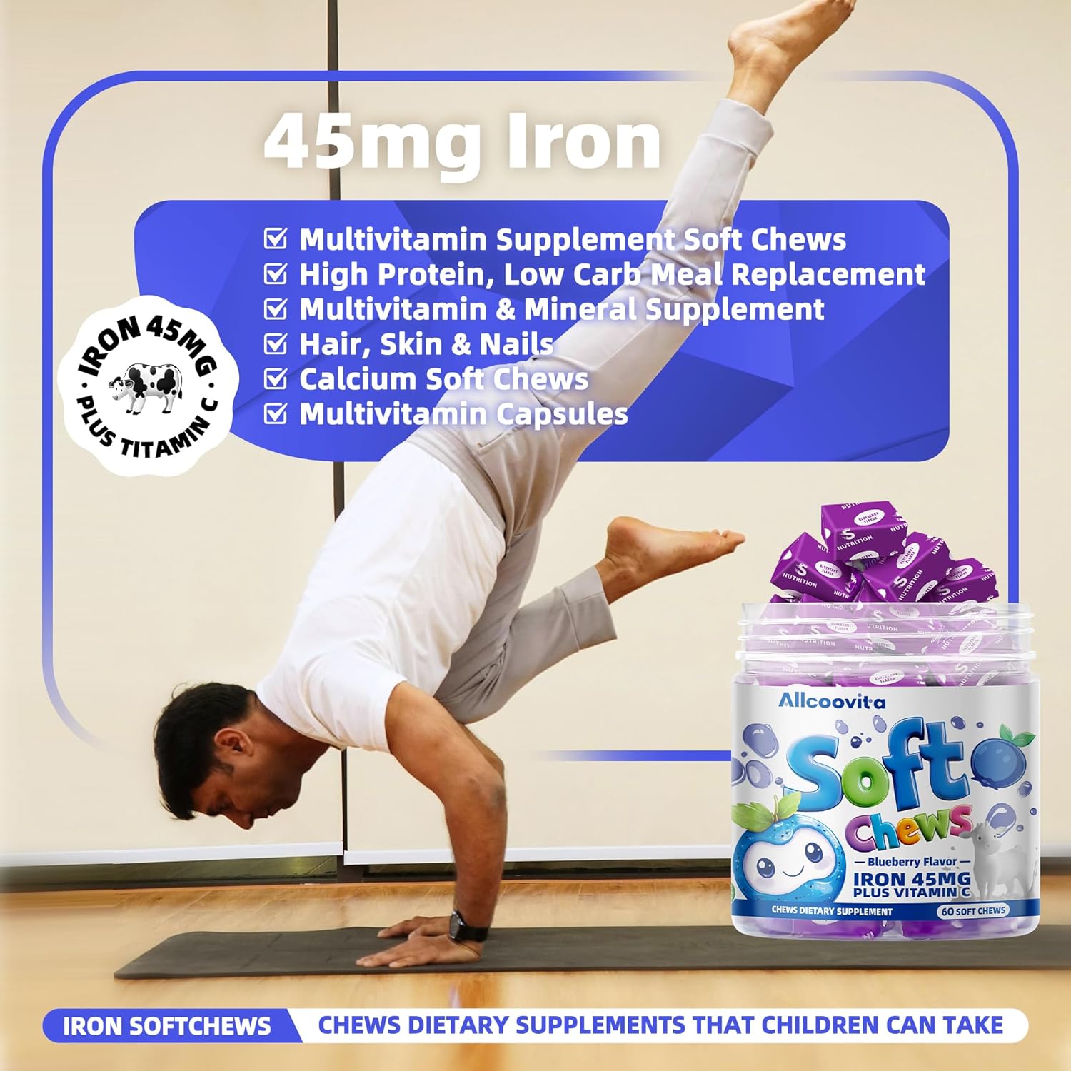 Iron Soft Chews Supplement with Vitamin C | Blueberry Flavored | Gluten Free | Iron Supplement for Women Men and Kids | 60 Count | 2 Month Supply