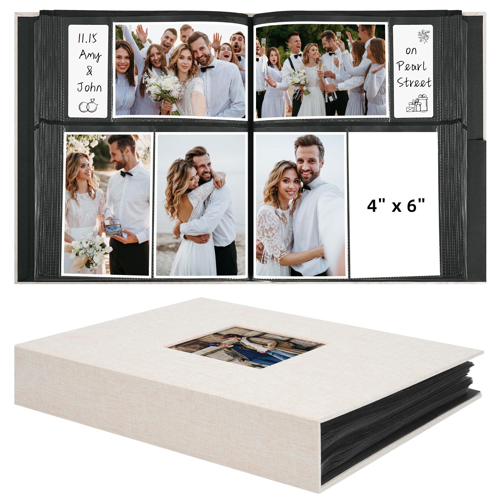 Vienrose Fabric Cover Photo Album 4x6 with Front Window, 300 Picture Pockets and 100 Message Card Slots for Wedding Baby Family, Beige