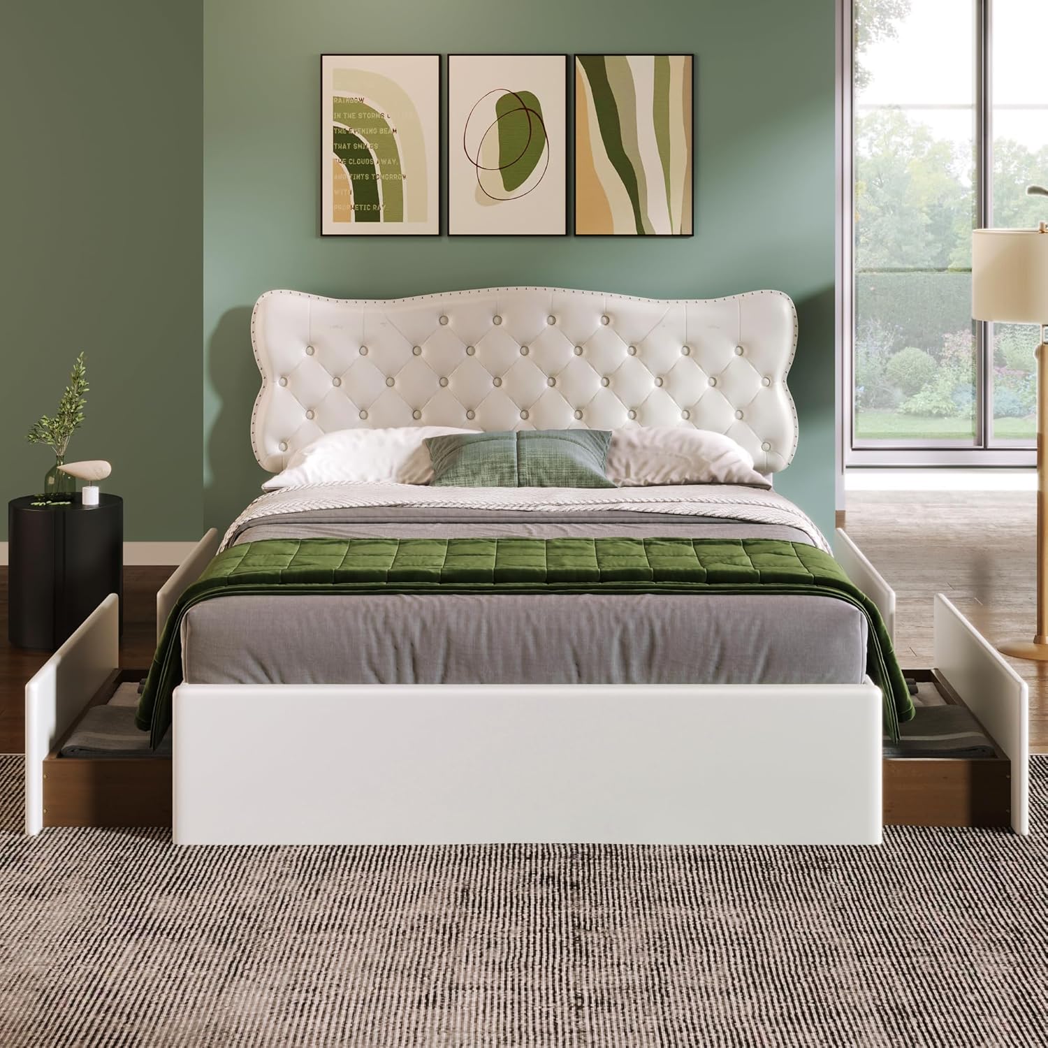 Livavege Queen Bed Frame with 4 Drawers, Button Tufted Design, Leather Upholstered Queen Platform Bed with Headboard and Mattress Foundation Wooden Slats Support, No Box Spring Needed, Easy Assembly