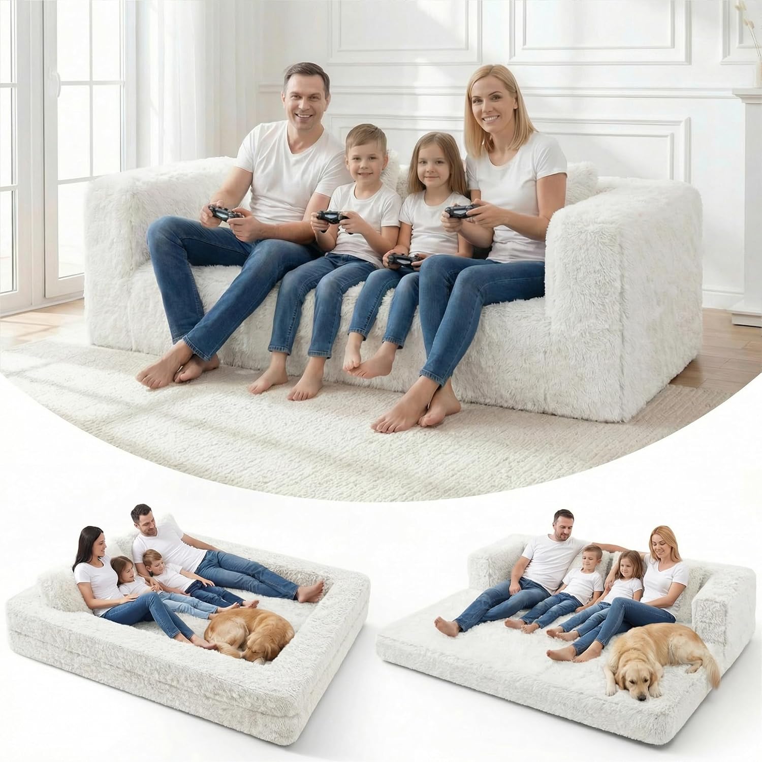 HABUTWAY Convertible Sofa Bed, 3-in-1 Futon Sofa Bed with Pillow, Foldable Pull Out Floor Sofa Bed with Removable Cover, Plush Boneless Couch for Living Room/Bedroom/Dorm