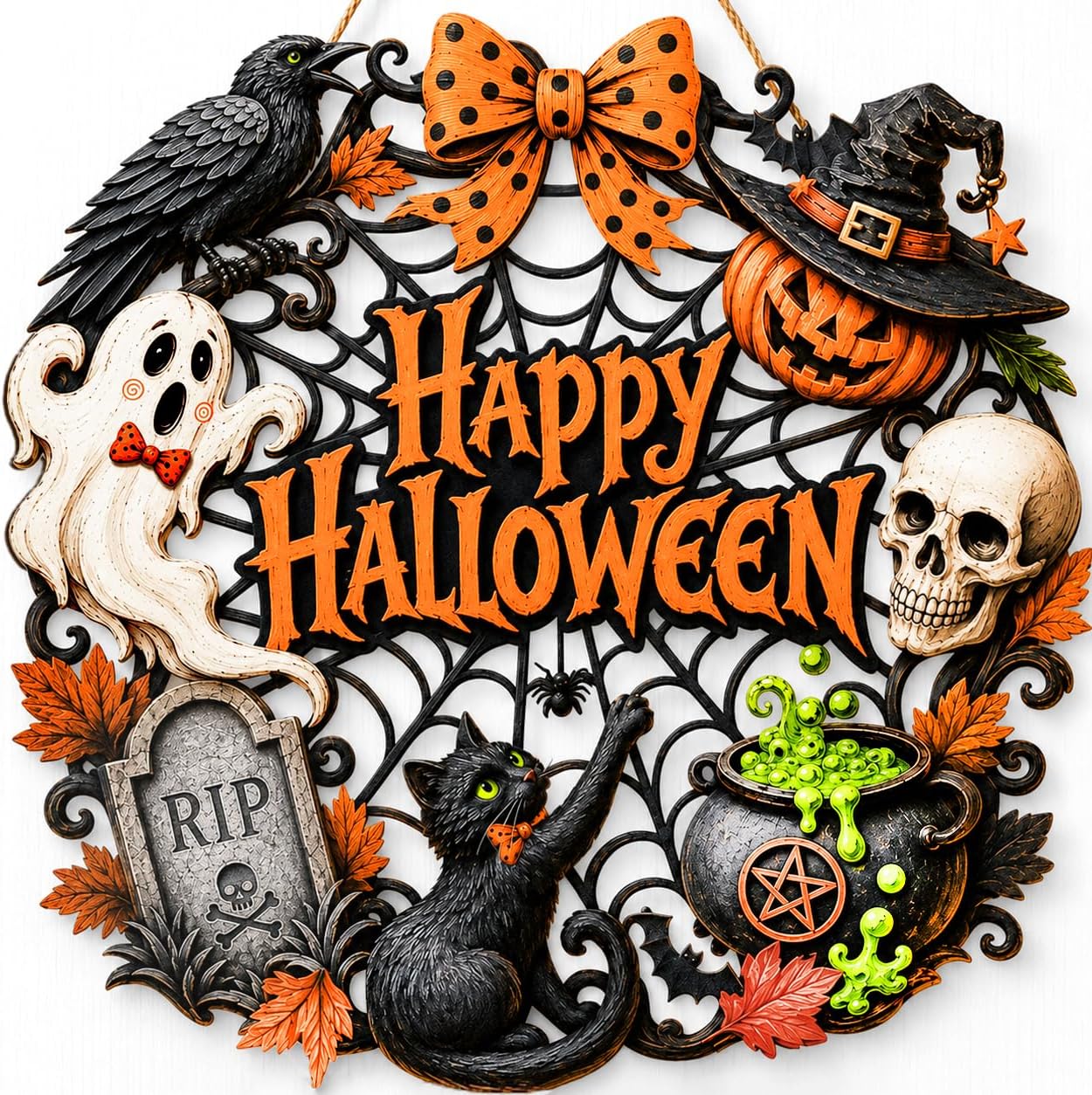 Halloween Door Decorations, Wooden Black Cat Pumpkin Wreath for Front Door
