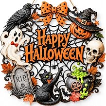 Halloween Door Decorations, Wooden Black Cat Pumpkin Wreath for Front Door