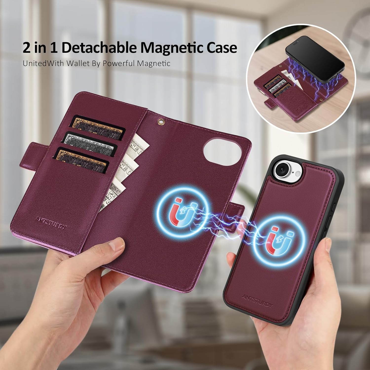 Antsturdy Compatible with Magsafe Magnetic 2 in 1 Detachable iPhone 16e Wallet Case with Credit Card Holder Slots,PU Leather Flip RFID Blocking Phone Cover Wrist Strap Zipper Women Men,Wine Red - Image 2