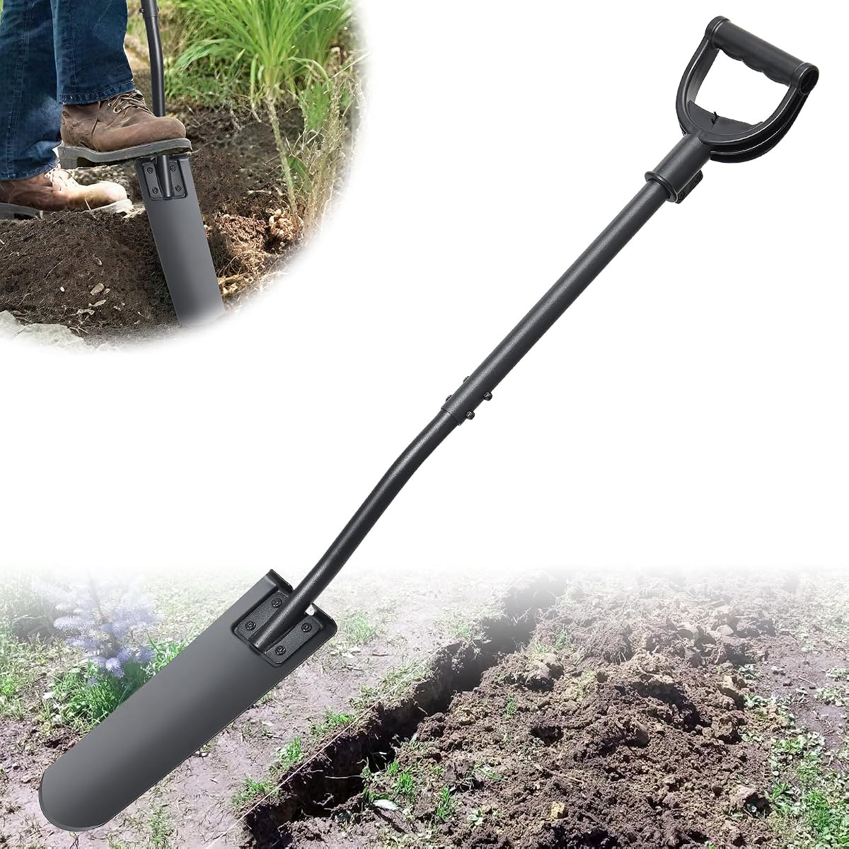 Pala de pala, pala estrecha de 15 pulgadas de largo, pala de zanja de jardín resistente para cavar, zanjar, plantar,raspar, bordear con cuchilla de corte, mango en D, pedal de reposapiés, pala de drenaje de 45 pulgadas