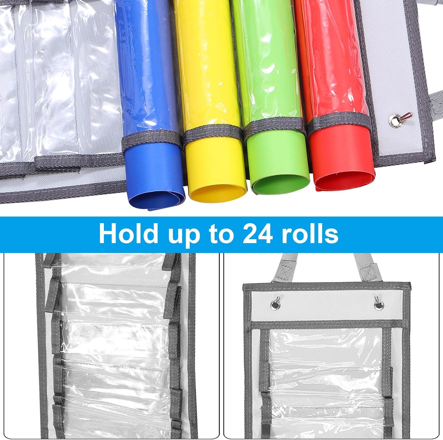 PATIKIL 24 Compartments Vinyl Roll Holder, Vinyl Storage Organizer Wall Mount/Over Door Roll Storage with 2 Hooks and Hanging Strap for Home Room, Gray