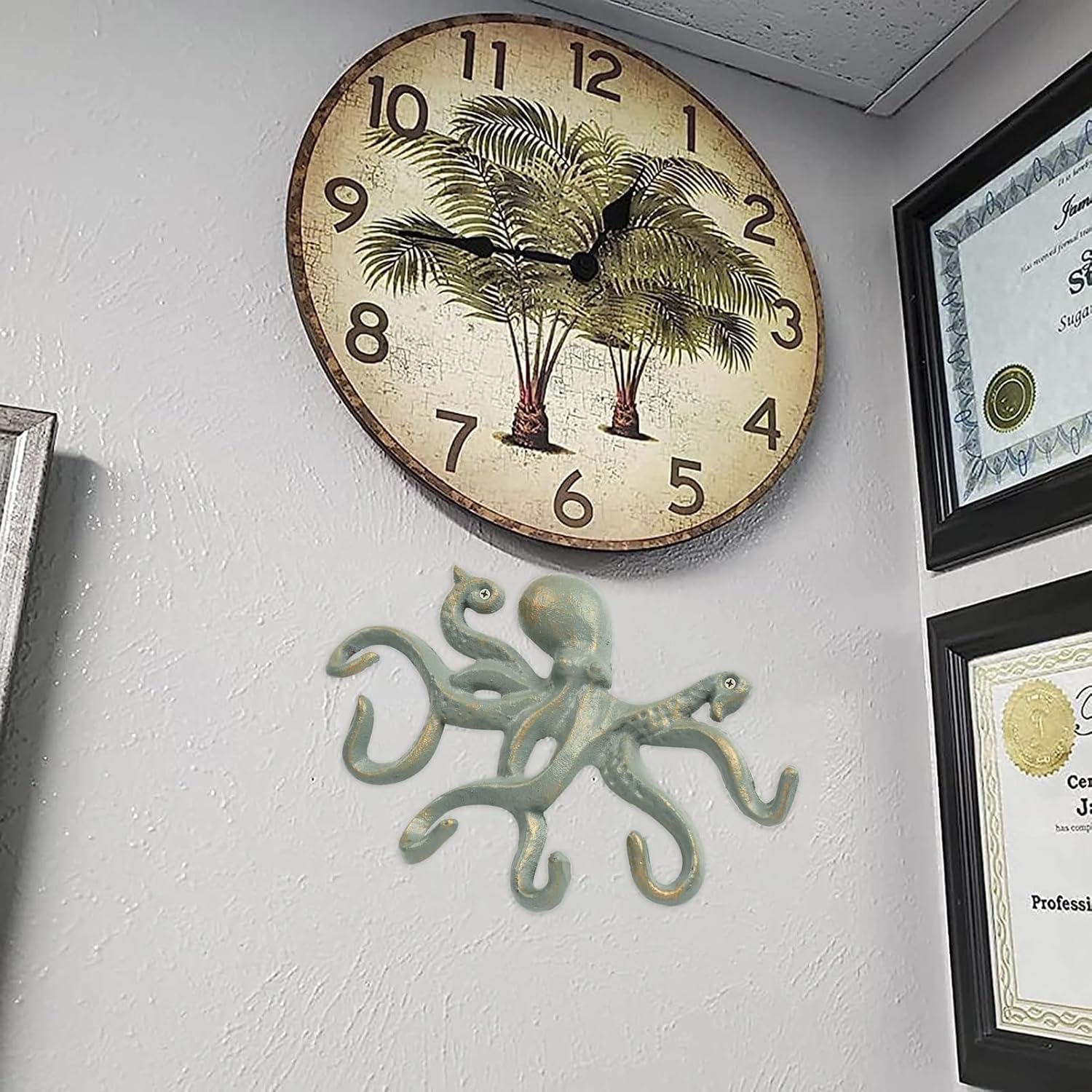 Octopus Iron Wall Hooks for Hanging, Rustic Decorative Hooks/Key Holder/Coat Hooks/Towel Hooks with 6 arms - Gold Green - Image 7