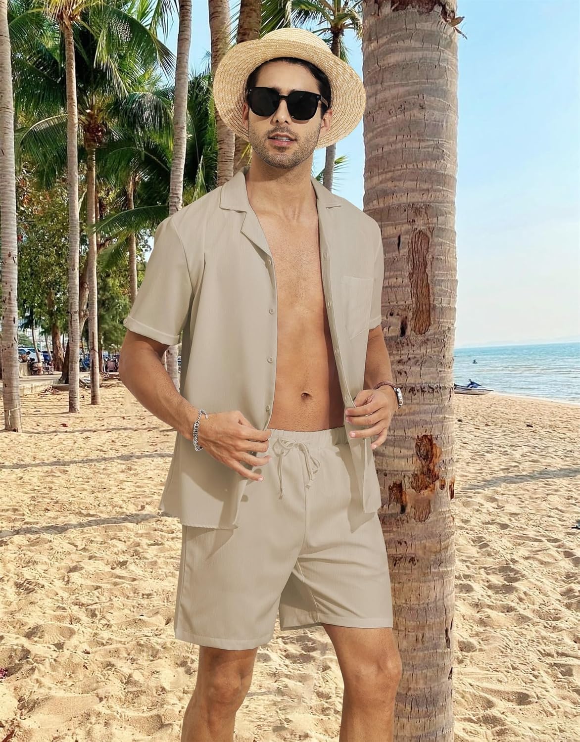 YTD Men's 2 Pieces Shirt Set Short Sleeve Button Down Casual Hippie Holiday Beach T-Shirts Shorts Outfits - Image 3