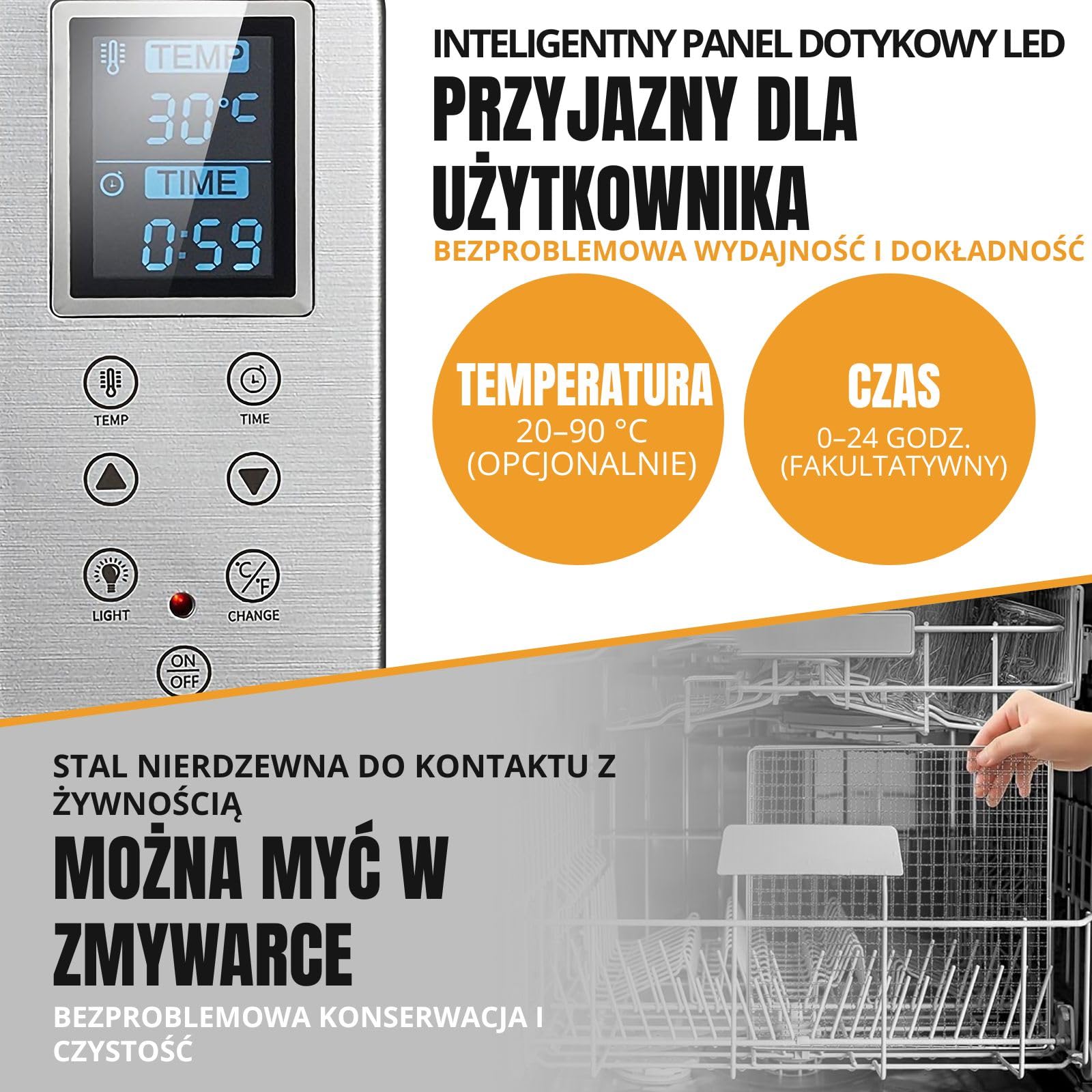 suszarka do żywności ze stali nierdzewnej, 6 tacek, 500 W, wyświetlacz LED, 20 – 90 °C, 24-godzinny timer, cicha praca, łącznie z tacką ociekową i matą osuszającą do owoców i mięsa