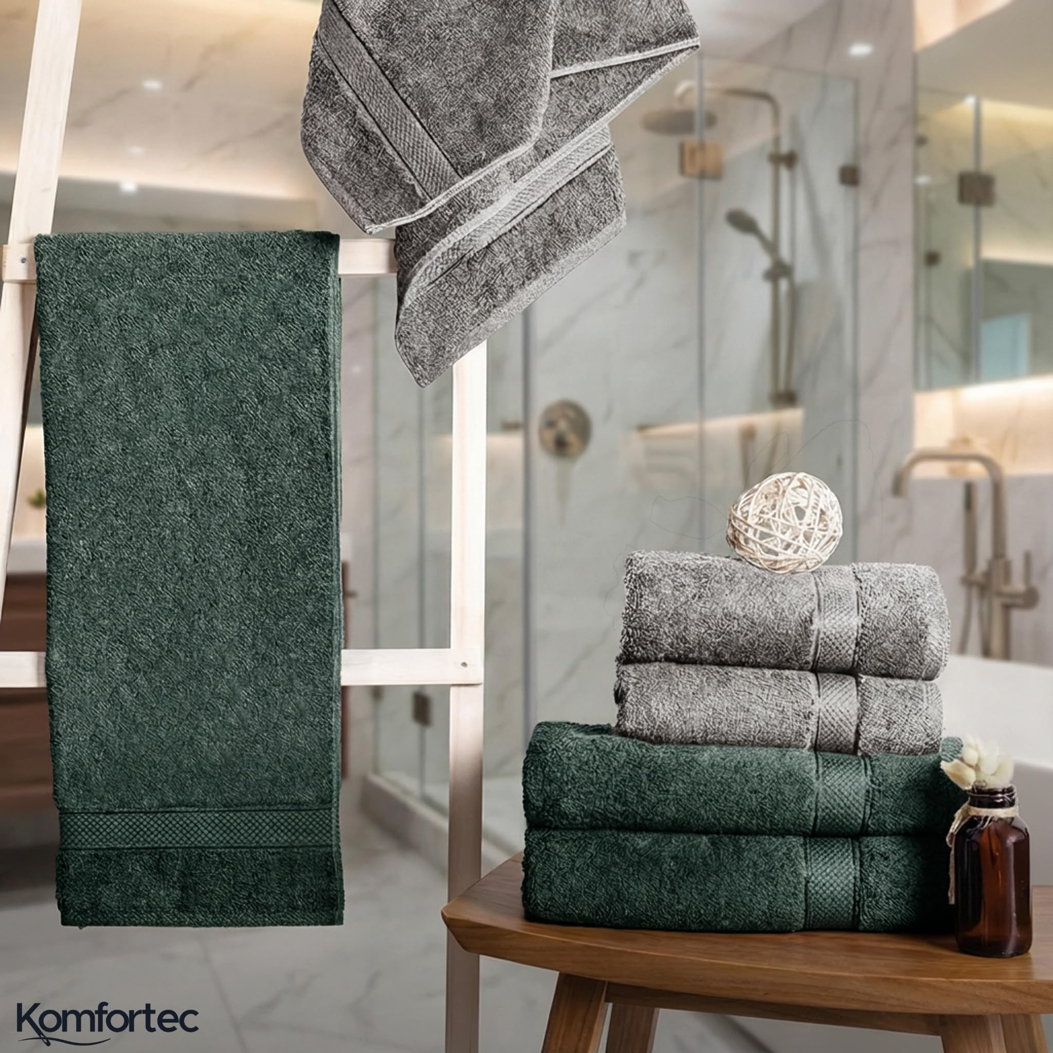 Komfortec Set di 8 asciugamani in 100% cotone, 4 teli da bagno 70 x 140 e 4 asciugamani da 50 x 100 cm, spugna, morbido, grande, verde scuro
