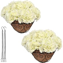 Nafresh 2 Pack Hanging Beige Hydrangea Artificial Flowers with 11in Basket, Outdoor Faux Silk Hydrangea Flowers, Real Touch Fake Hanging Flowers for Front Porch Patio Front Door Balcony Garden Decor