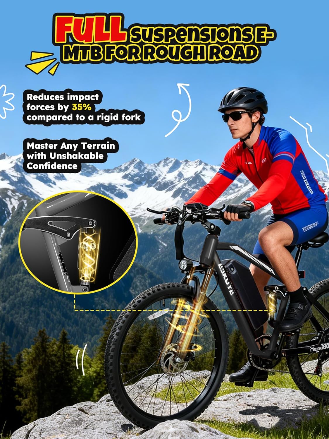 ESKUTE M200F Electric Bike for Adults – 27.5 inch Tire Mountain E-Bike, 1500W Peak Motor 31MPH, 48V 20.8Ah Removable Battery, Up to 80 Miles, Step Over E-MTB, NFC Unlock, Black with Gaurd& Rack