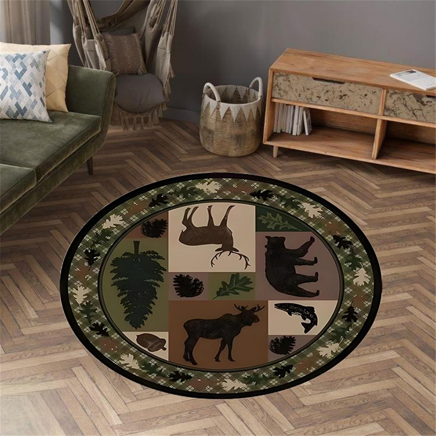Amazon.com: Round Bear Deer Area Rug, 7ft, Cabin Deer Bear Maple Leaf ...