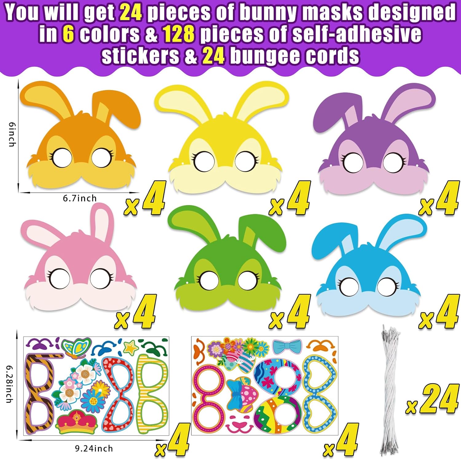 24 Packs Easter Bunny Mask Craft Kit, Make Your Own Easter DIY Art Bunny Mask Crafts Rabbit Spring Easter Classroom Game Activities Project Party Decorations Favors Gift