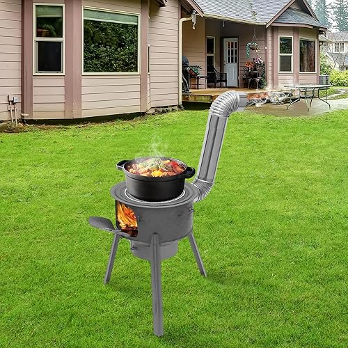 Miniatura 2 de Estufa de cohete portátil de leña con tubo de chimenea, estufa de camping de acero resistente con parrilla para calefacción de tienda de campaña y