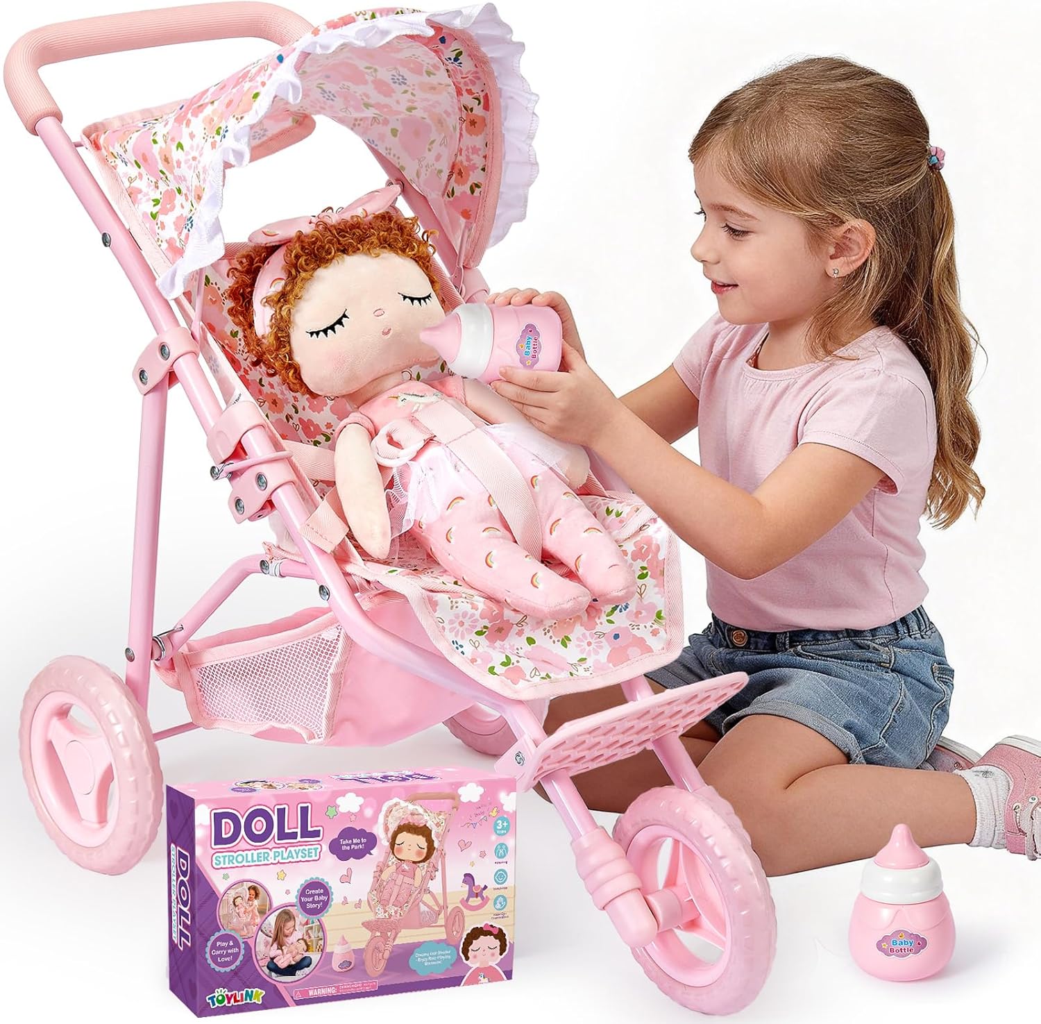 Toylink Baby Doll Stroller Toy Set for Girls Toddlers 3-5, 13.4" Baby Doll Accessories Set with Foldable Stroller & Bottle, Pretend Play Baby Toy Christmas Birthday Gifts for Kids 3 4 5 6 7 8 Year Old