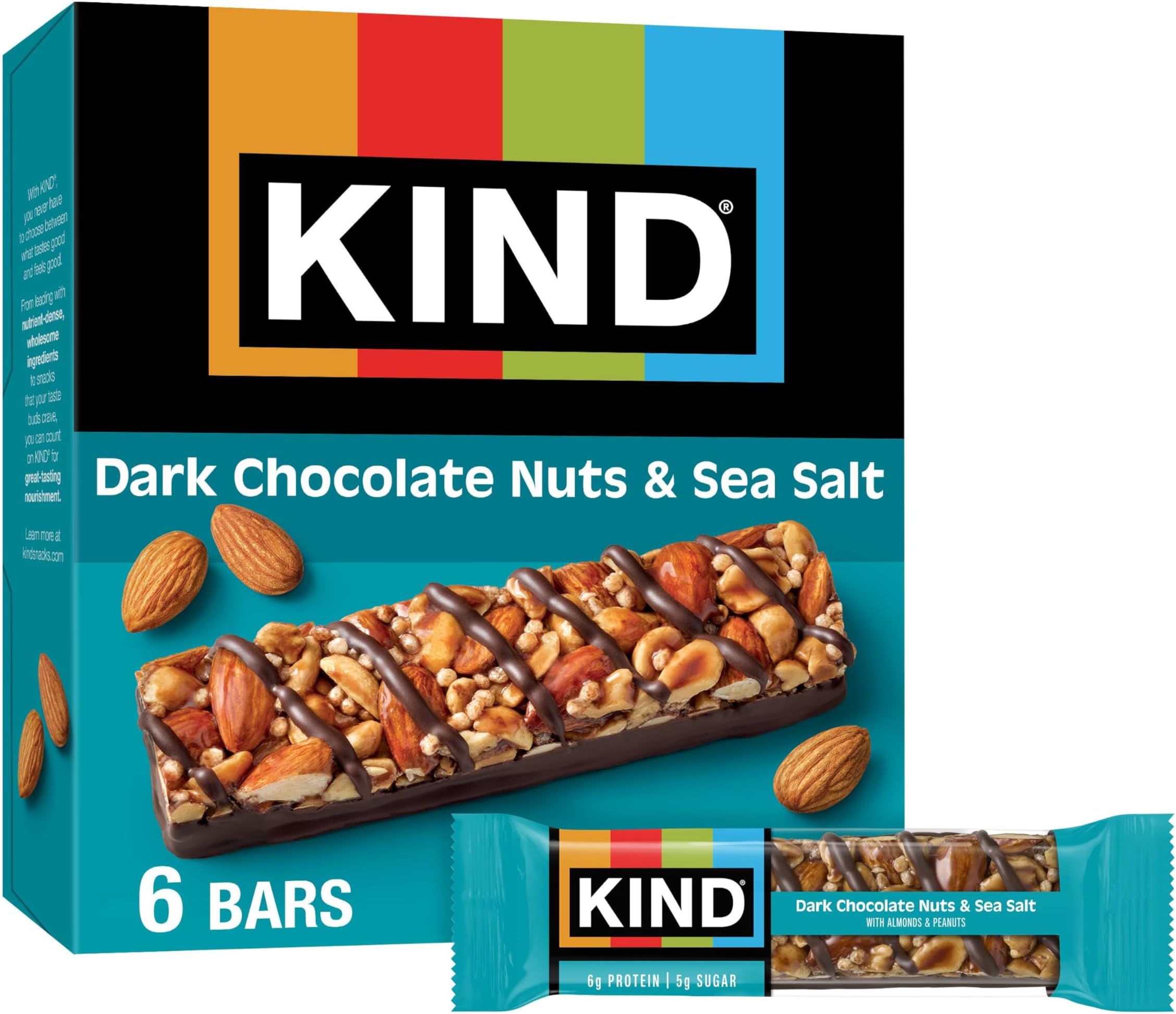 Healthy Snacks Bars, Dark Chocolate Nuts & Sea Salt, Gluten Free, Low Sugar, High Fiber Snacks, 6g Protein, 6 Count