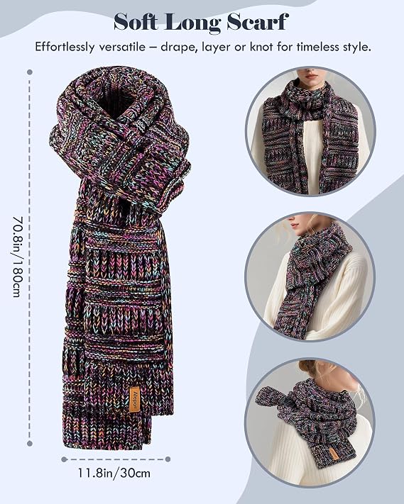Winter Beanie Hat Scarf Gloves Set for Women, Slouchy Beanie Long Scarf Touchscreen Gloves, Warm 3 in 1 Set
