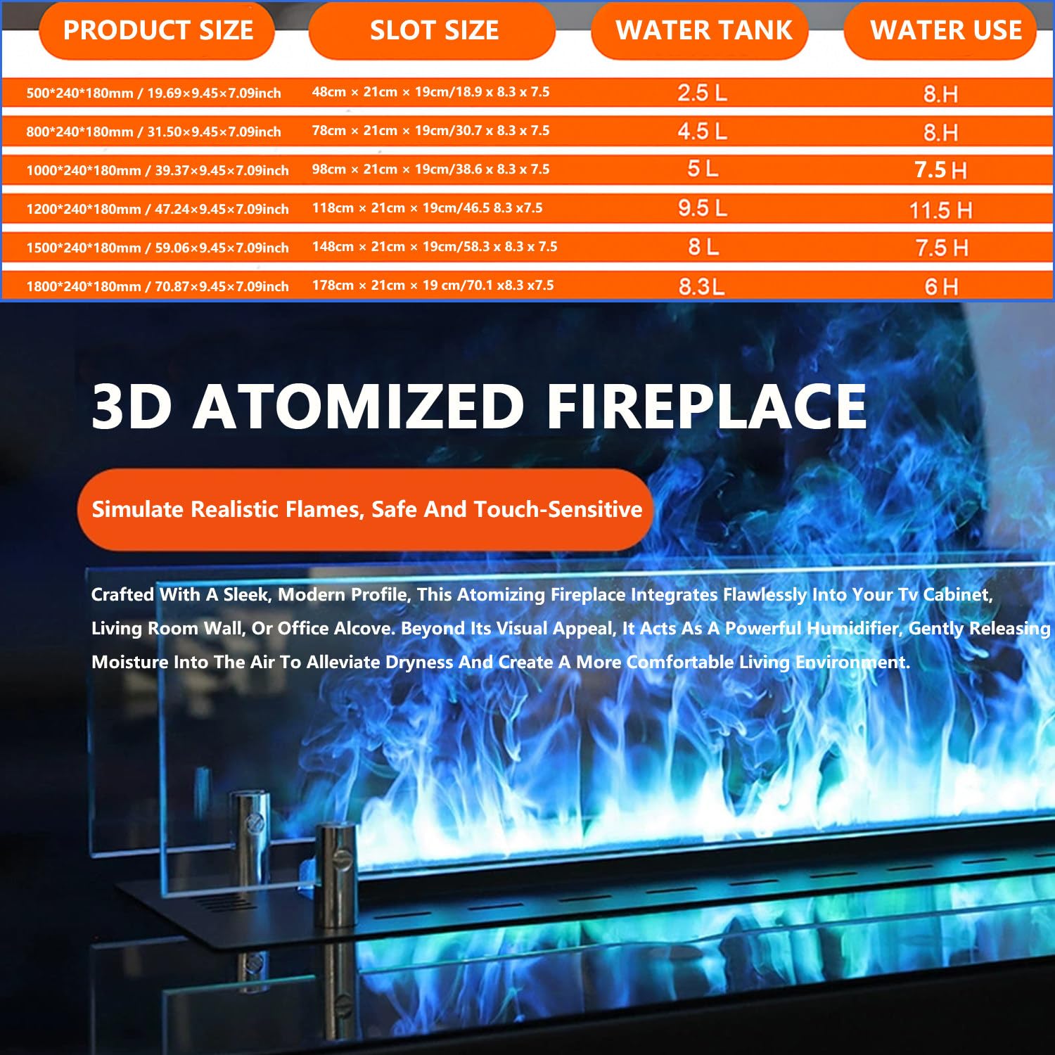 Chimenea inteligente de vapor de agua 3D con control remoto, 9 colores de llama, panel táctil, recarga automática