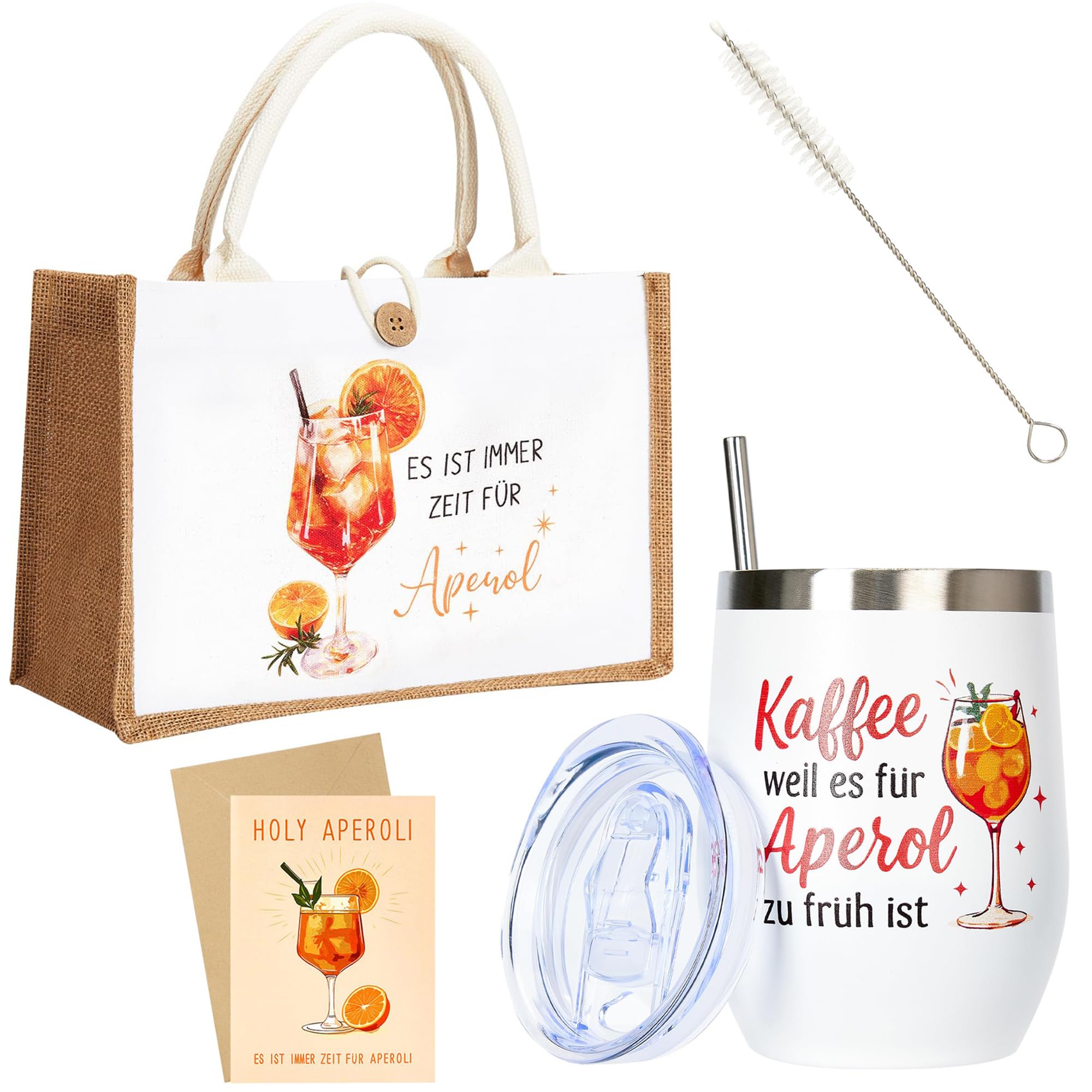 3-teiliges Spritz-Geschenkset für Apéro– Edelstahl Weinbecher 350 ml mit Deckel & Strohhalm, XXL Jute Strand-/Geschenktasche 32×22×13 cm, Premium Geburtstagskarte – Sommer, Party, Freundin, Damen
