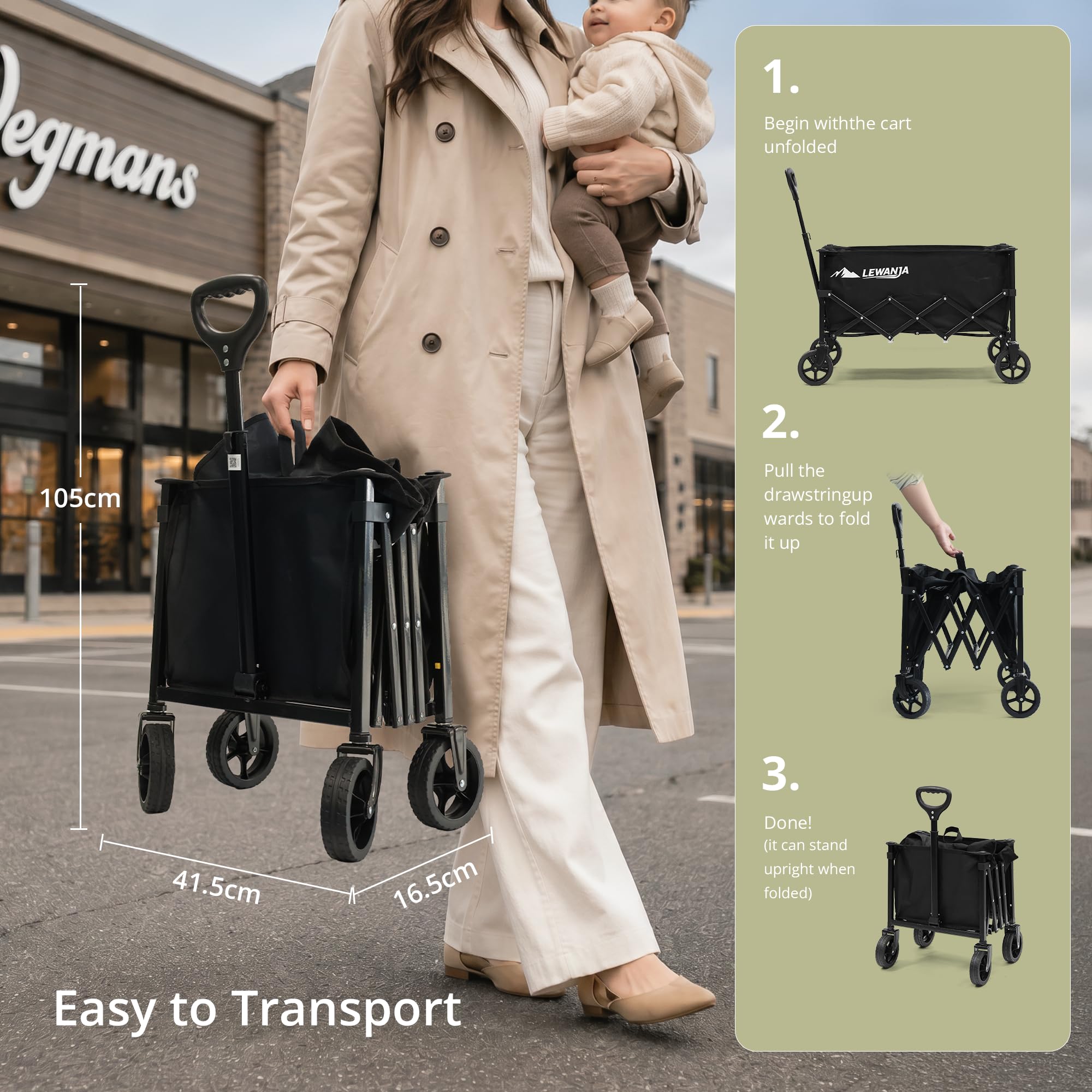 RYGEO Carrello da 100 litri su ruote, carro pieghevole, portatile da campeggio, carrello pieghevole per spiaggia, giardino, picnic, shopping, pesca, manico regolabile, nero