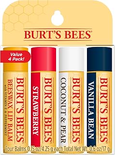 Burt's Bees Bálsamo labial, presentes de Natal hidratante para cuidados labiais, cera de abelha original, morango, coco e pêra, fava de baunilha com cera de abelha e extratos de frutas, 100% natural, pacote com 4
