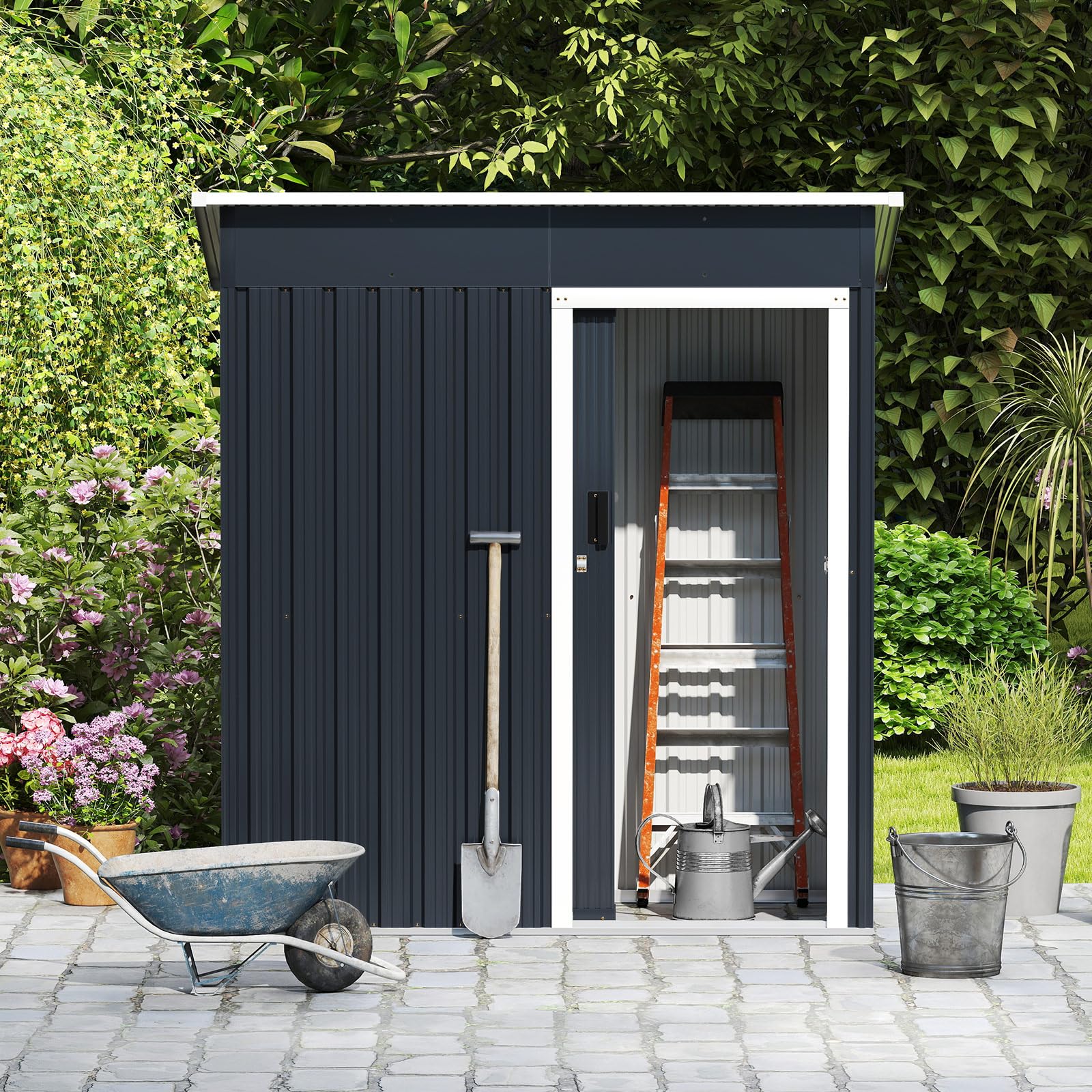 COSTWAY Capanno per Attrezzi da Giardino in Metallo, Casetta Porta Attrezzi in Acciaio con Porta Scorrevole Sistema di Blocco, Casetta per Stoccaggio per Prato e Cortile, 163 x 86 x 181 cm, Grigio