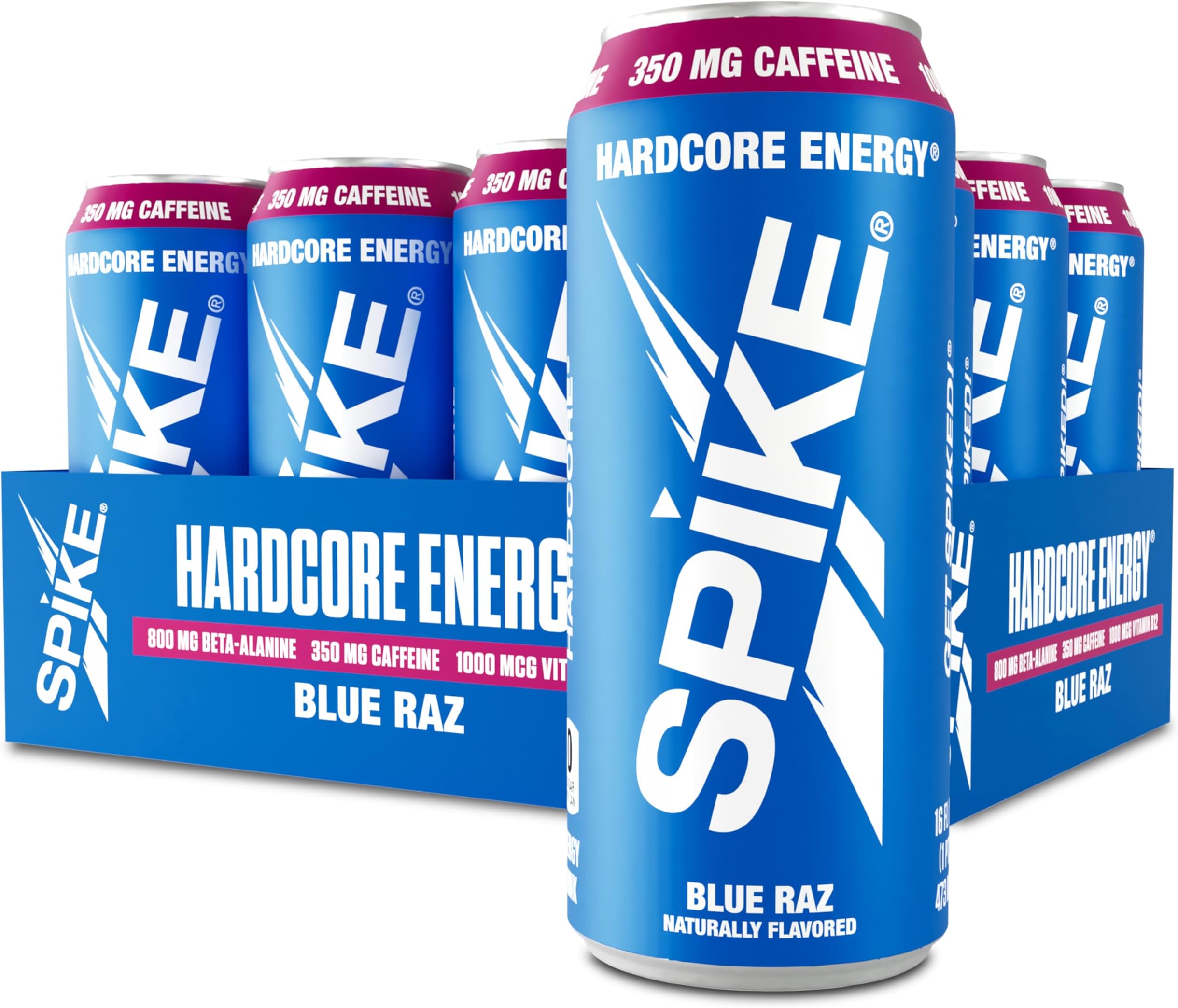 Spike Hardcore Energy Drink - 350mg Caffeine in Maximum-Dose 16 fl oz Can - Zero Sugar Blue Raz (12 Pack)