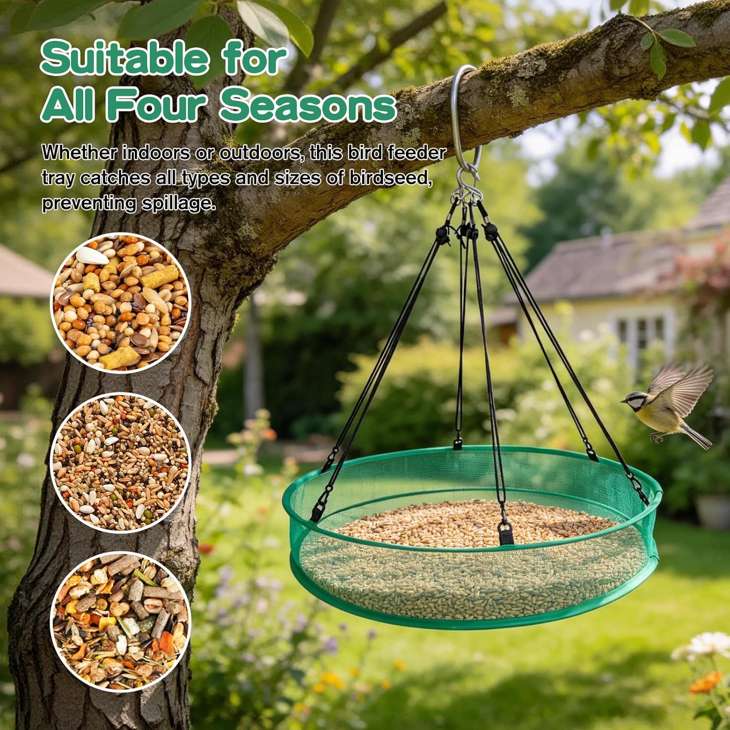 3PCS Bird Seed Catcher Tray 24 Inch Bird Seed Catcher Hanging Hoop Platform for Bird Feeders Includes S-Hooks, Adjustable Ropes & Portable Storage Pouch