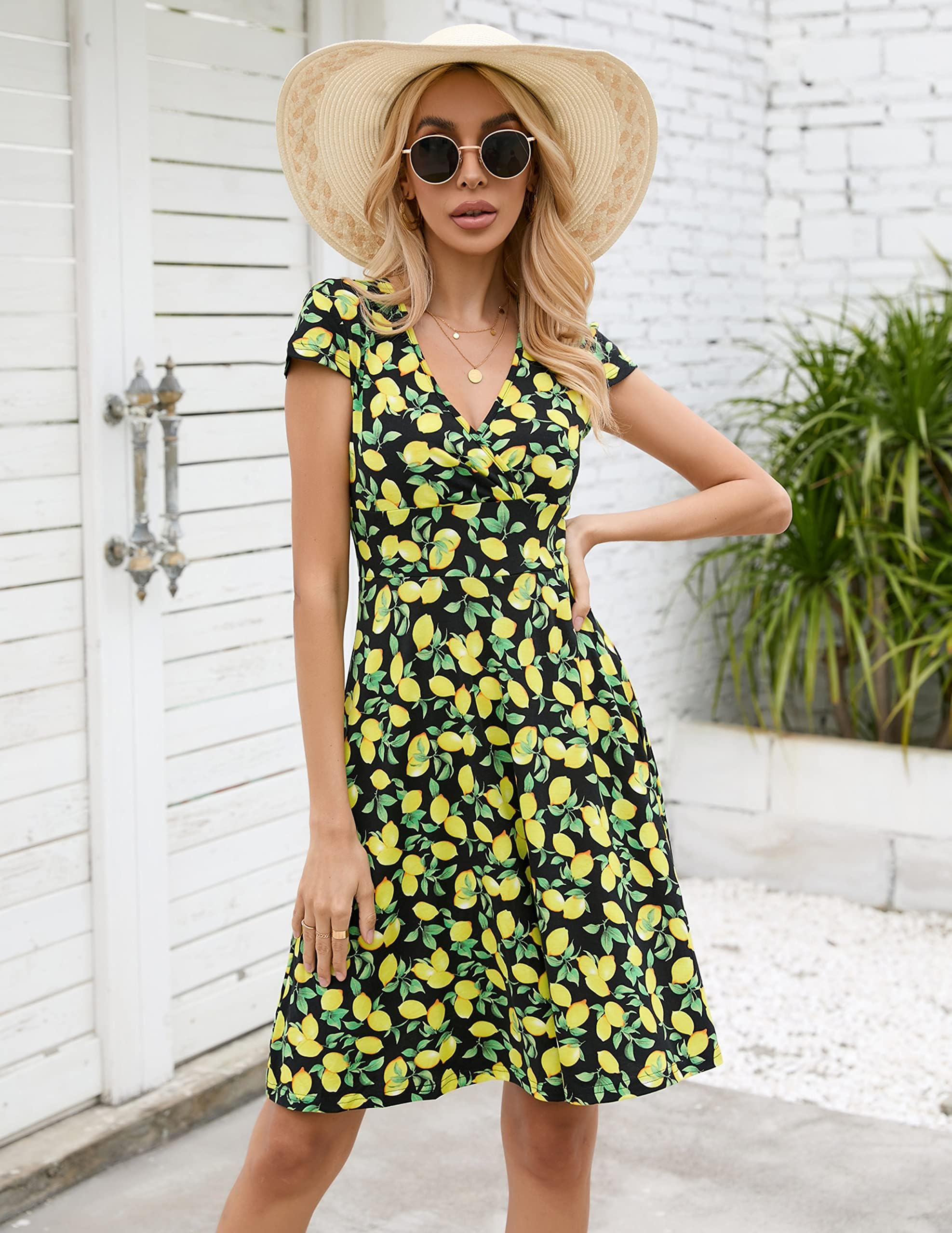 Zeagoo Robe Ete Femme col V Manches Courtes Portefeuille Robes Fleurs