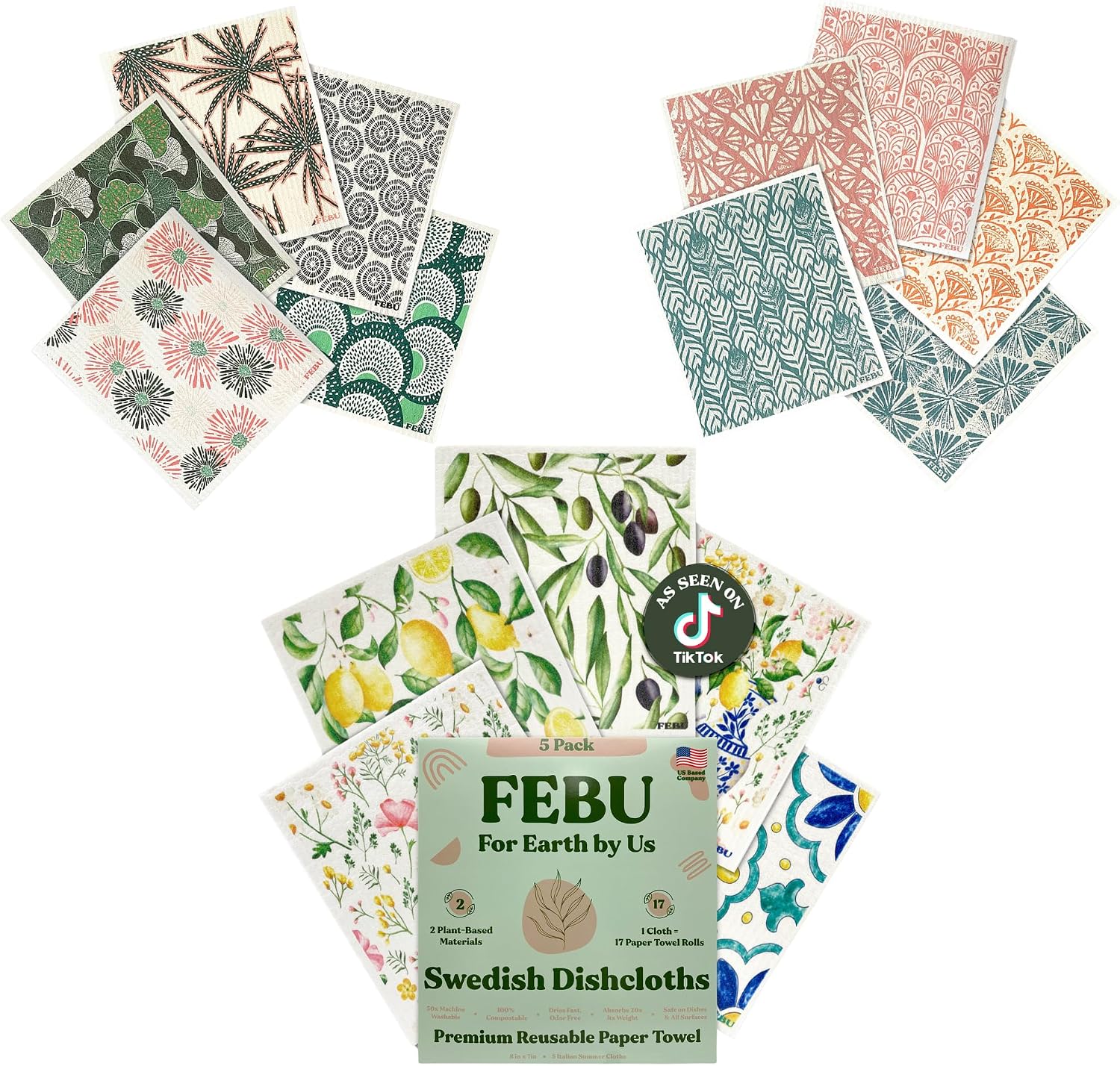 FEBU Swedish Dishcloth Bundle | Set of 3 Packs | Swedish Dishcloths for Kitchen | 5 Pack Reusable Paper Towels Washable