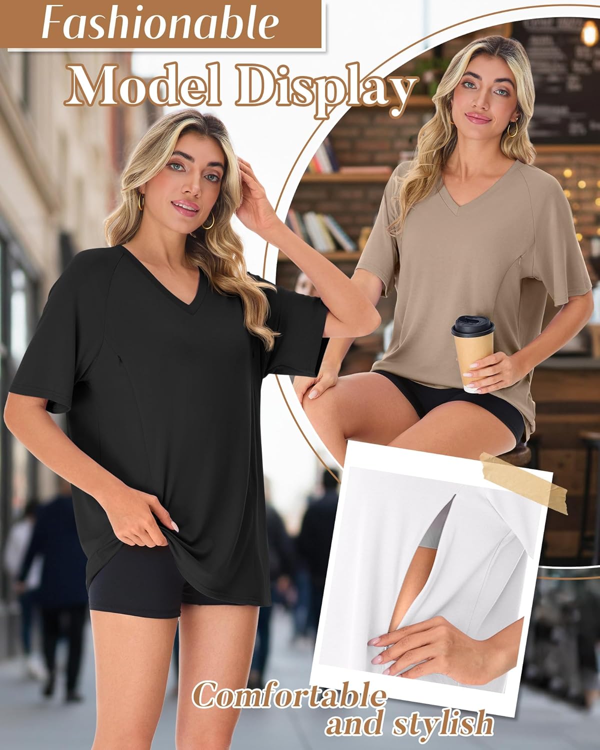 3 Pack Women's Oversized Nursing Shirts with Hidden Zip Breastfeeding Tops Short Sleeve Raglan Maternity Clothes