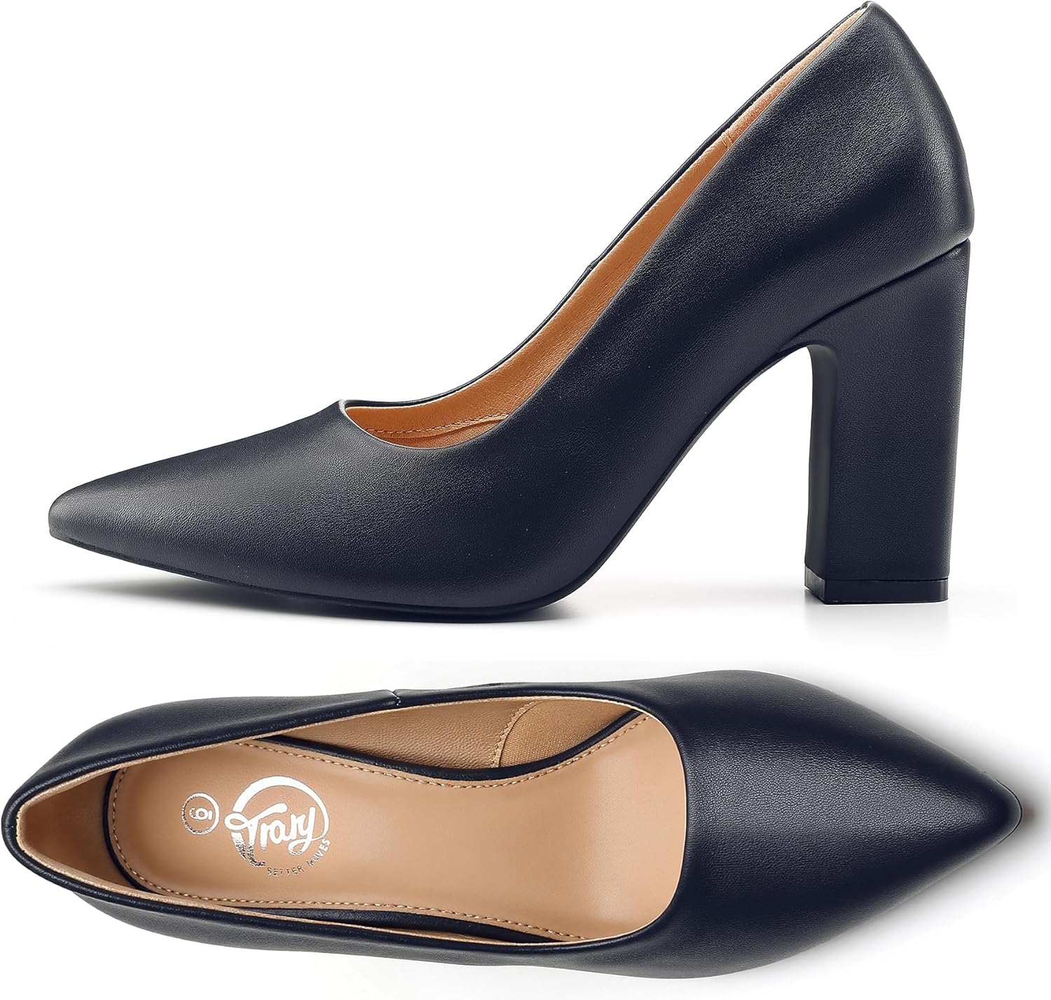 Trary Heels for Women Closed Pointed Toe Chunky Pumps Shoes Women Block High Heels Comfortable Slip-On Dress Office Party Wedding Shoes 3.54" Heel - Image 6